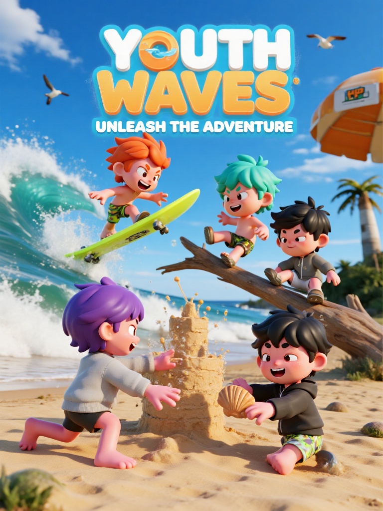A vibrant 3D character design key visual poster for a commercial youth adventure IP,  featuring a unified universe of chib...