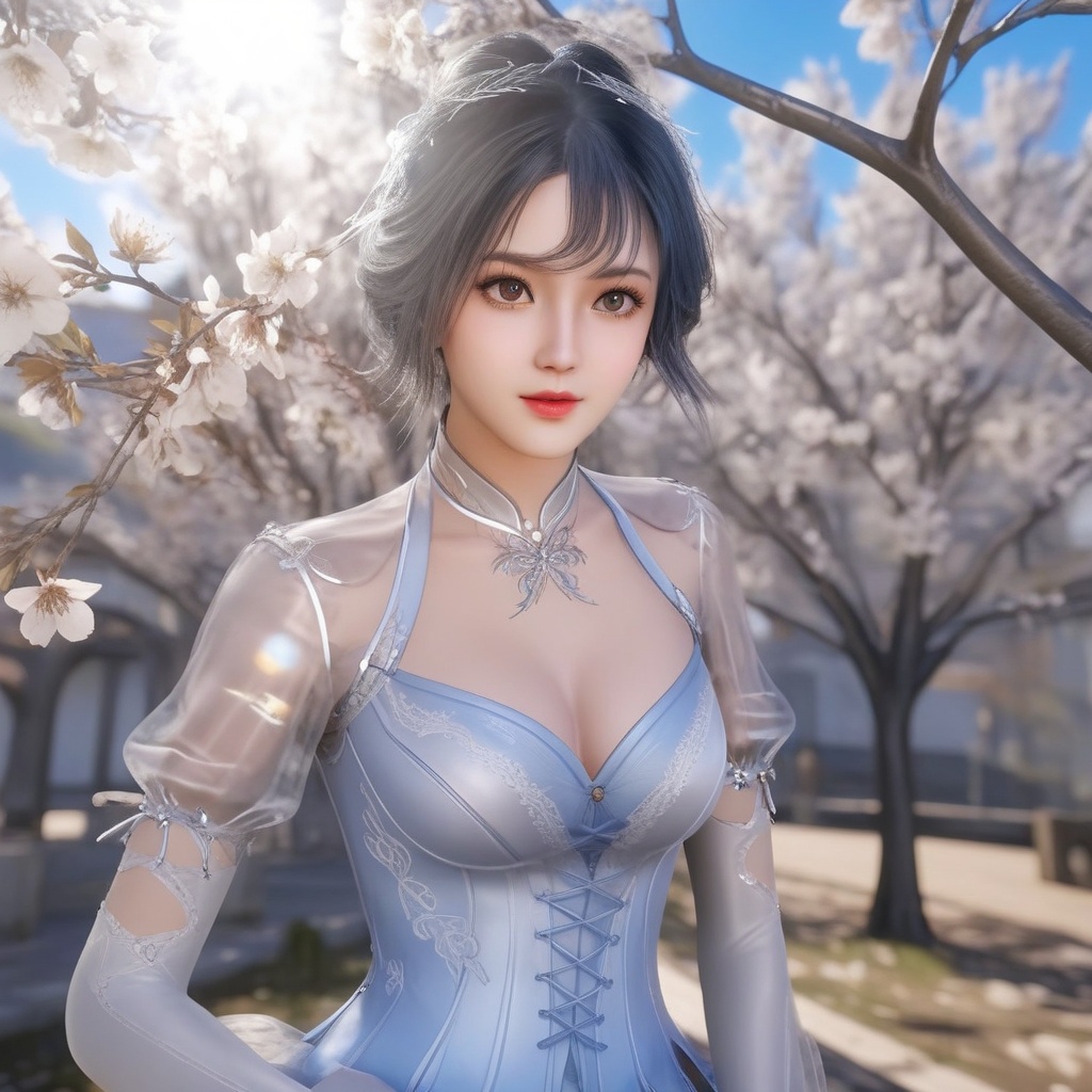 <lora:707-DA-XL-斗罗大陆-唐舞桐:0.8>(,1girl, ,best quality, ),looking at viewer,  ,, ultra detailed background,ultra detailed background,ultra realistic 8k cg,,masterpiece, (( , )), fiction,mole,  ,     ,see-through, lace, (cleavage),(((, solo, sun, , bare_tree, ))) 