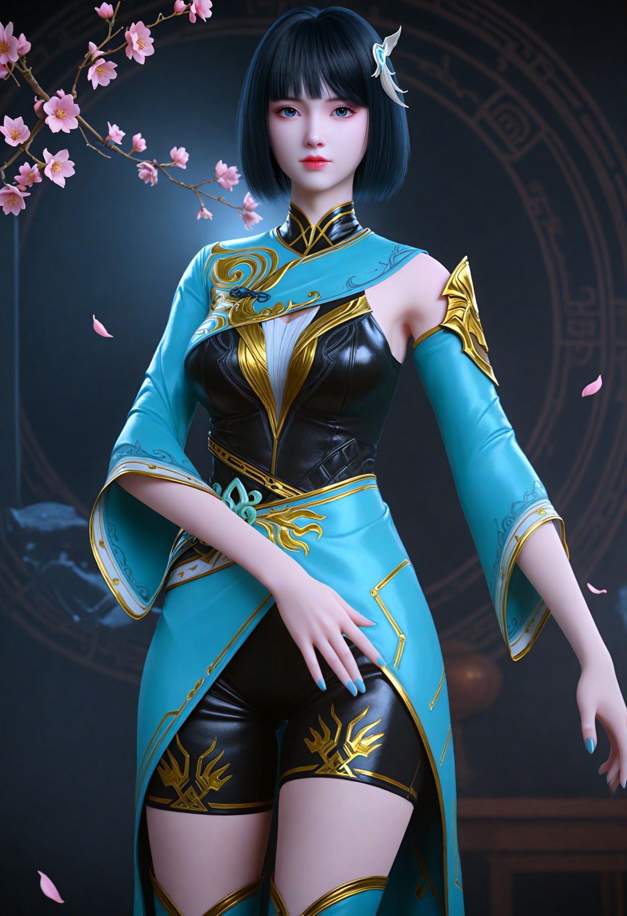 (cowboy shot:1.2),(gigantic breasts:0.6),(slender:1.3),(looking_at_viewer:1.1),(masterpiece:1.1),(best quality:1.2),(intricate details),dim lighting,(smog:1.3),(Dark room:1.3),(dim lighting:1.3),peach blossom,falling petals,<lora:YQ_li光辉v5_慕青鸾_V1:0.8>,1girl,q1528437228,solo,short_hair,black_hair,hair_ornament,bangs,dress,bob_cut,detached_sleeves,blue_eyes,blunt_bangs,boots,wide_sleeves,chinese_clothes,shorts,blue_dress,black_eyes,realistic,bike_shorts,blue_nails,long_sleeves,nail_polish,blue_footwear,bare_shoulders,knee_boots,colored_skin,masterpiece,(best quality),(intricate details:0.9) BREAK masterpiece,(best quality),(intricate details:0.9),(realistic skin:1.2),