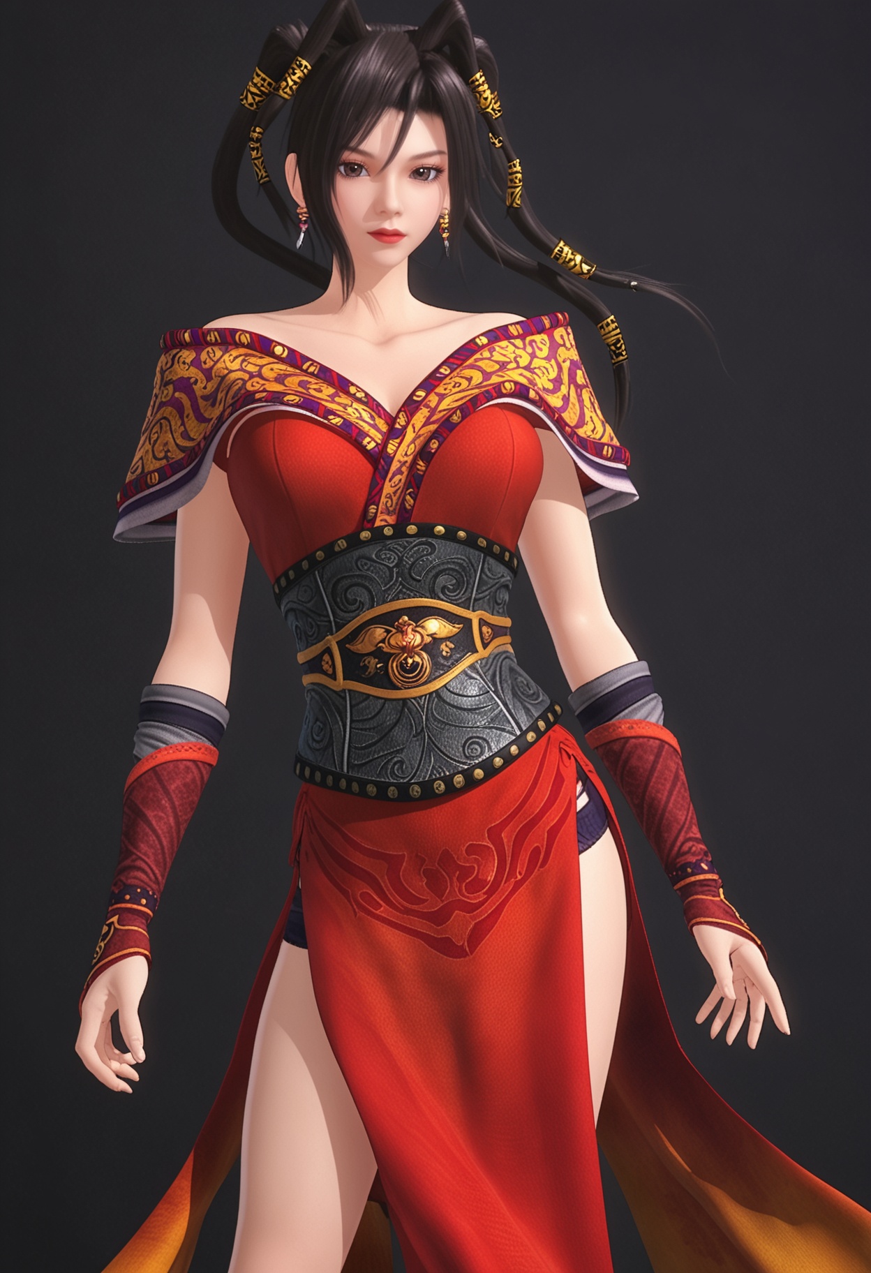 (upper_body:1.2),(looking at viewer:1.1),facing viewer,direct gaze,<lora:YQ_pony_cilian_V4:0.8>,1girl,solo,black hair,brown eyes,jewelry,brown hair,earrings,dress,hair ornament,long hair,twintails,red dress,chinese clothes,boots,black eyes,side slit,sash,armor,ponytail,BREAK (white skin:1.1),(fair skin:1.1),(Ivory skin:1.1),(shiny skin),perfect anatomy,(simple background,pure black background,black background:1.1),
