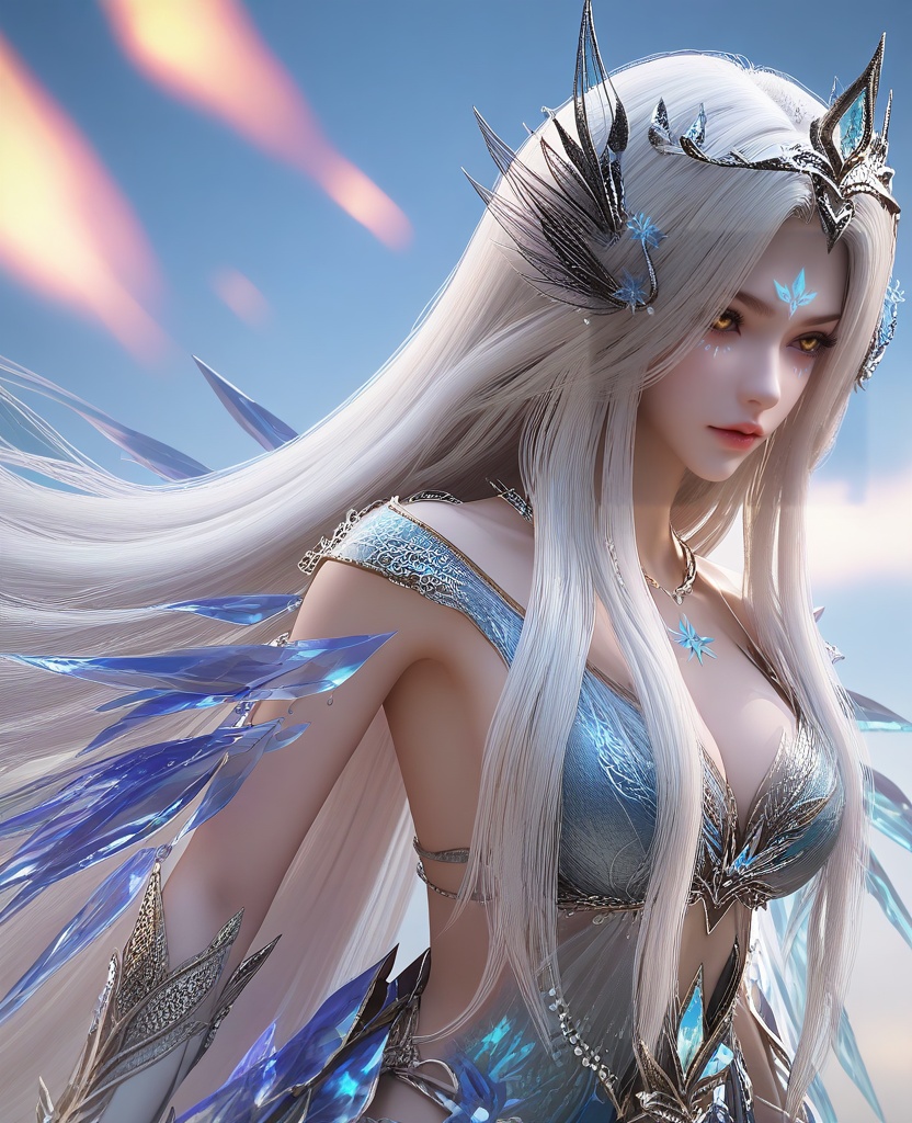 (Hands on the back of the head, looking casual:1.1),(large breasts:1.2),<lora:XL16云深不知梦羲和元神:0.95>,miss xihe,powder blue dress,yellow eyes,facial mark,white hair,absurdly long hair with hair over shoulder,hair ornament,jewelry,, score_9,score_8_up,score_7_up,score_6_up,score_5_up,score_4_up,3d rendering,tag1,tag2, Cinematic Lighting,backlighting,