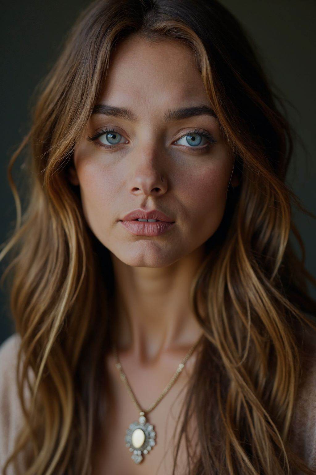 HDR photo of cinematic film still the image is a high-resolution photograph featuring a woman, solo, long hair, looking at viewer, blue eyes, brown hair, jewelry, parted lips, necklace, lips, realistic, realistic skin,