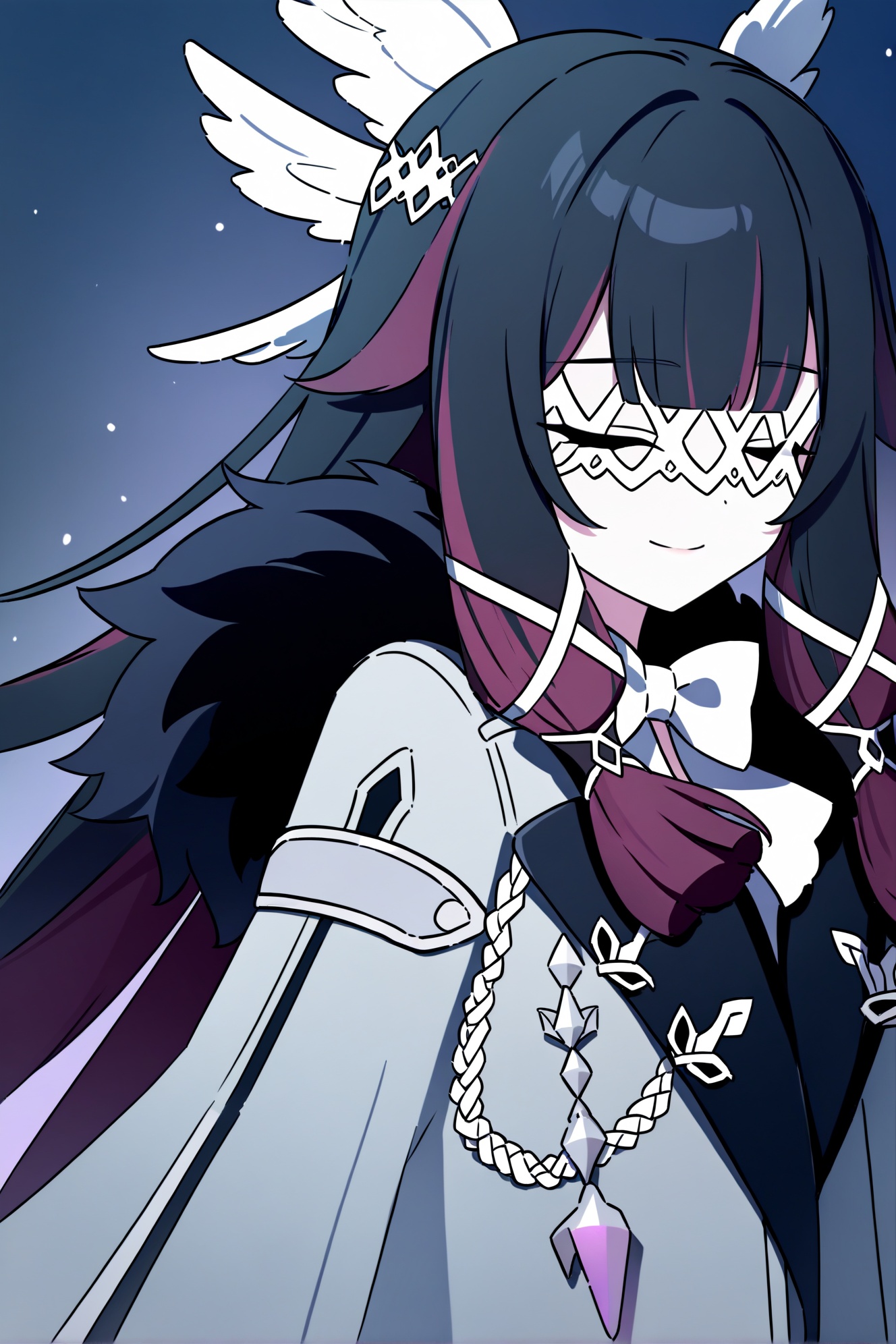 Columbina\(genshin impact\), 1girl, solo, closed eyes, black hair, long hair, multicolored hair, fur trim, smile, white mask, closed mouth, coat, wings, hair ornament, eye mask, fur-trimmed coat, head wings, bow, blunt bangs