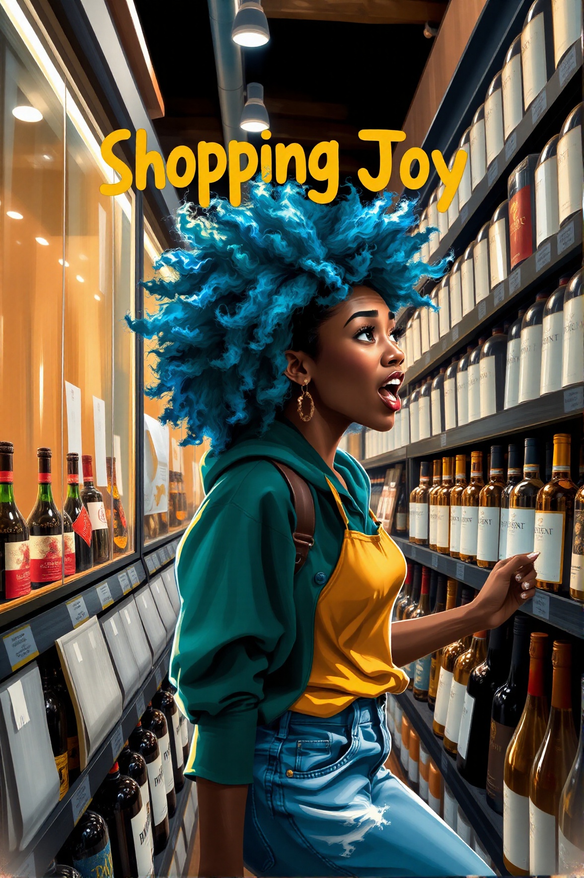 Text letters and words that says "Shopping Joy" in bright,  playful font at the top,  featuring a young woman with afro bl...