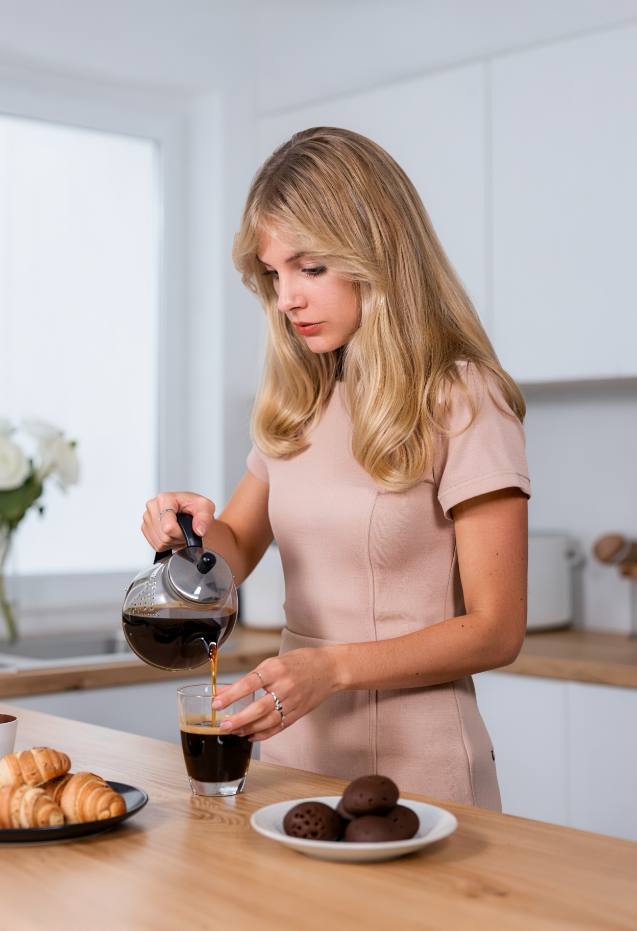 N4T4SH4,  a woman half-body shot in a modern kitchen,  preparing coffee on Tensor.Art