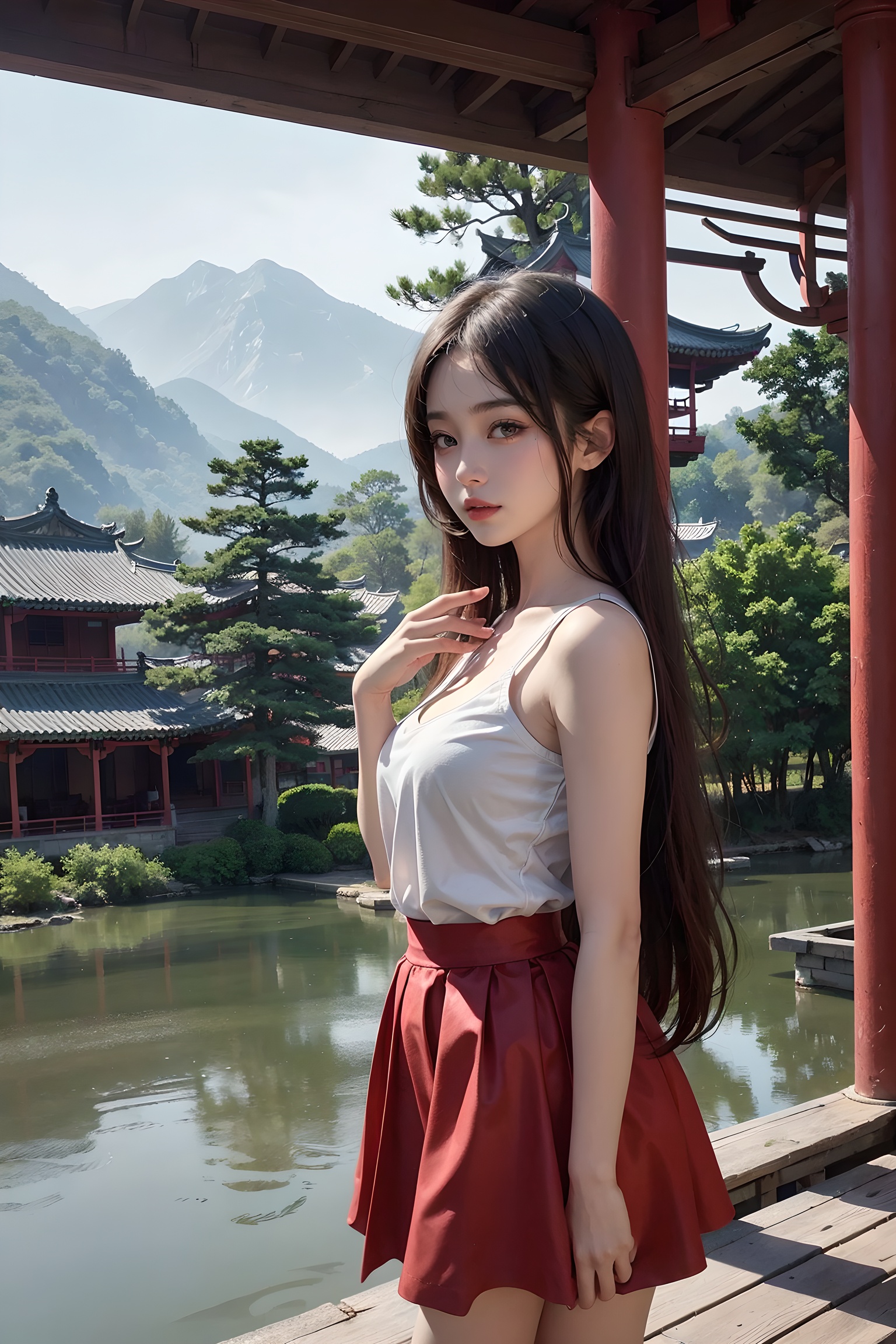 Character as the main body,HighestQuali,blurry background,detailed detail,one-girl,long whitr hair,Body shots,a skirt,dfsy,a painting of a chinese landscape with a pagoda and trees in the background and a lake in the foreground,tree,bare_tree,traditional pavilion,ink and wash,chinese architecture,architecture,outdoors,building,bridge,