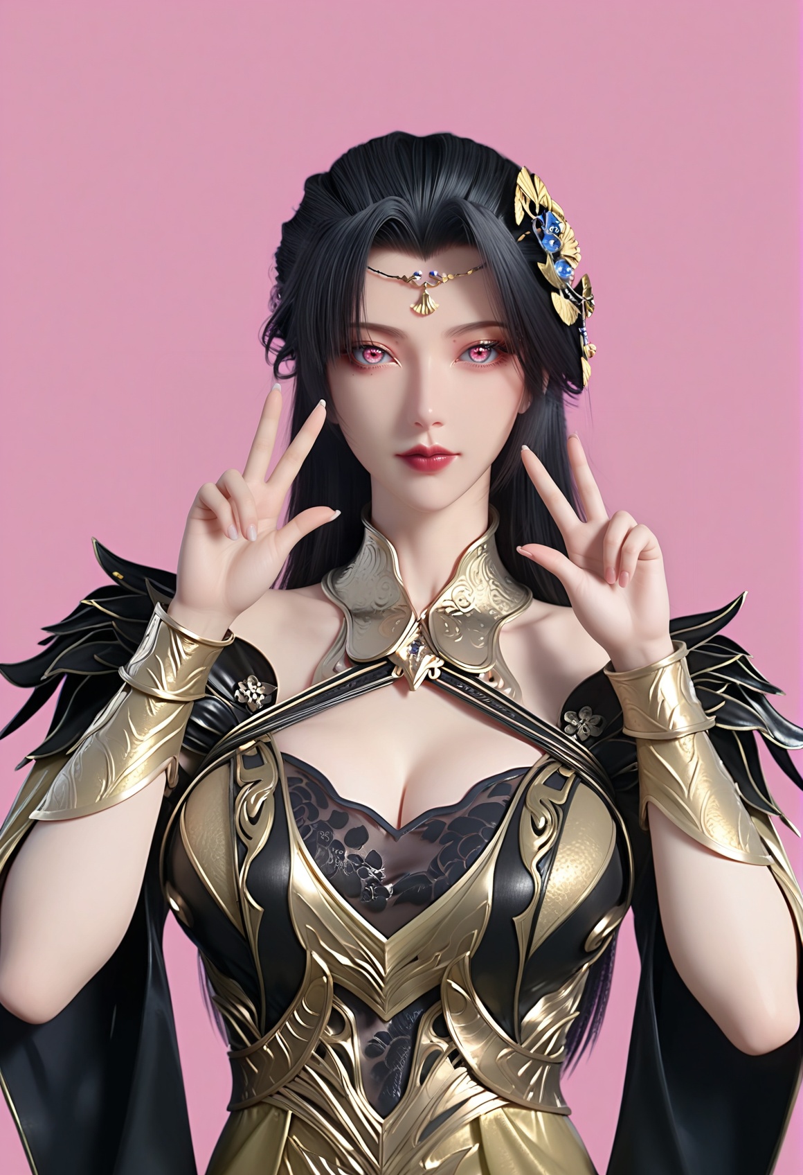 (score_9),<lora:柳如烟-Apony:0.82>,lry,(mature_female),solo,long hair,hair ornament,black hair,mole under eye,detached collar,forehead jewelry,wrist guards,dress,sleeve,<lora:perfect eyes_v1:0.68>,bright pupils,upper body,looking at viewer,front view,light blush,double v,<lora:Expressive_H-000001:0.8>,(glamor:1.2),curvy,collarbone,pointy breasts,puffy breasts,large breasts,narrow waist,simple background,pink background,<lora:皮肤凹痕:1.2>,