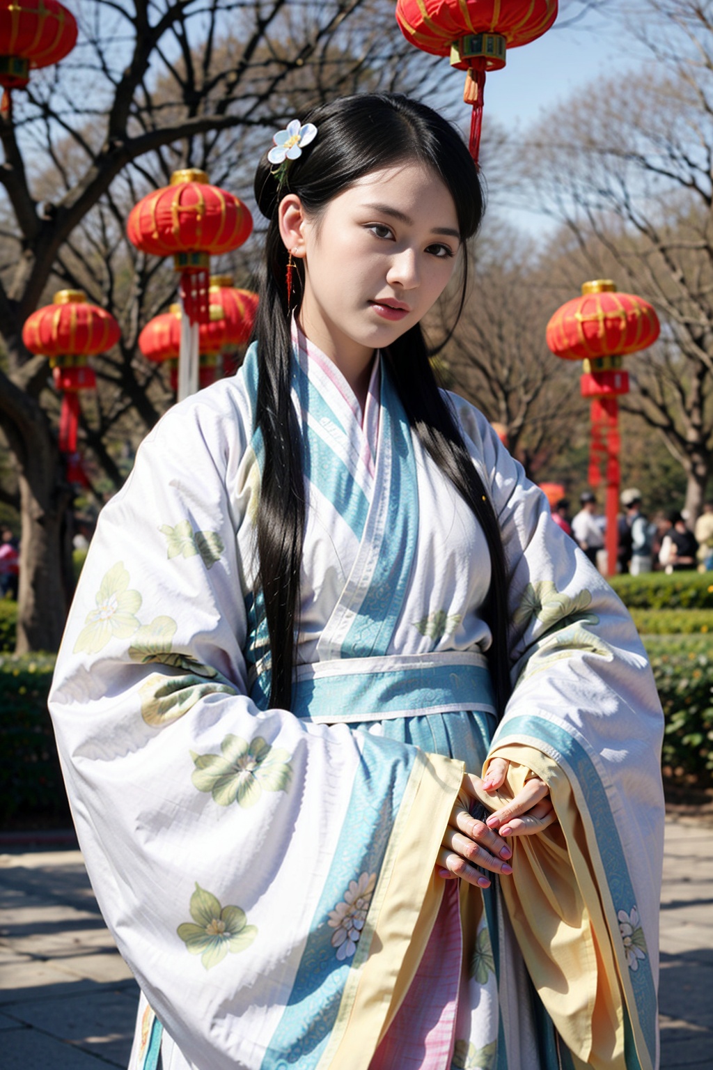 1girl, solo, long hair, black hair, hair ornament, long sleeves, jewelry, upper body, flower, earrings, hair flower, wide sleeves, looking to the side, looking away, chinese clothes, curtains, robe, realistic, red lips, hair stick, hanfu, new year, lantern