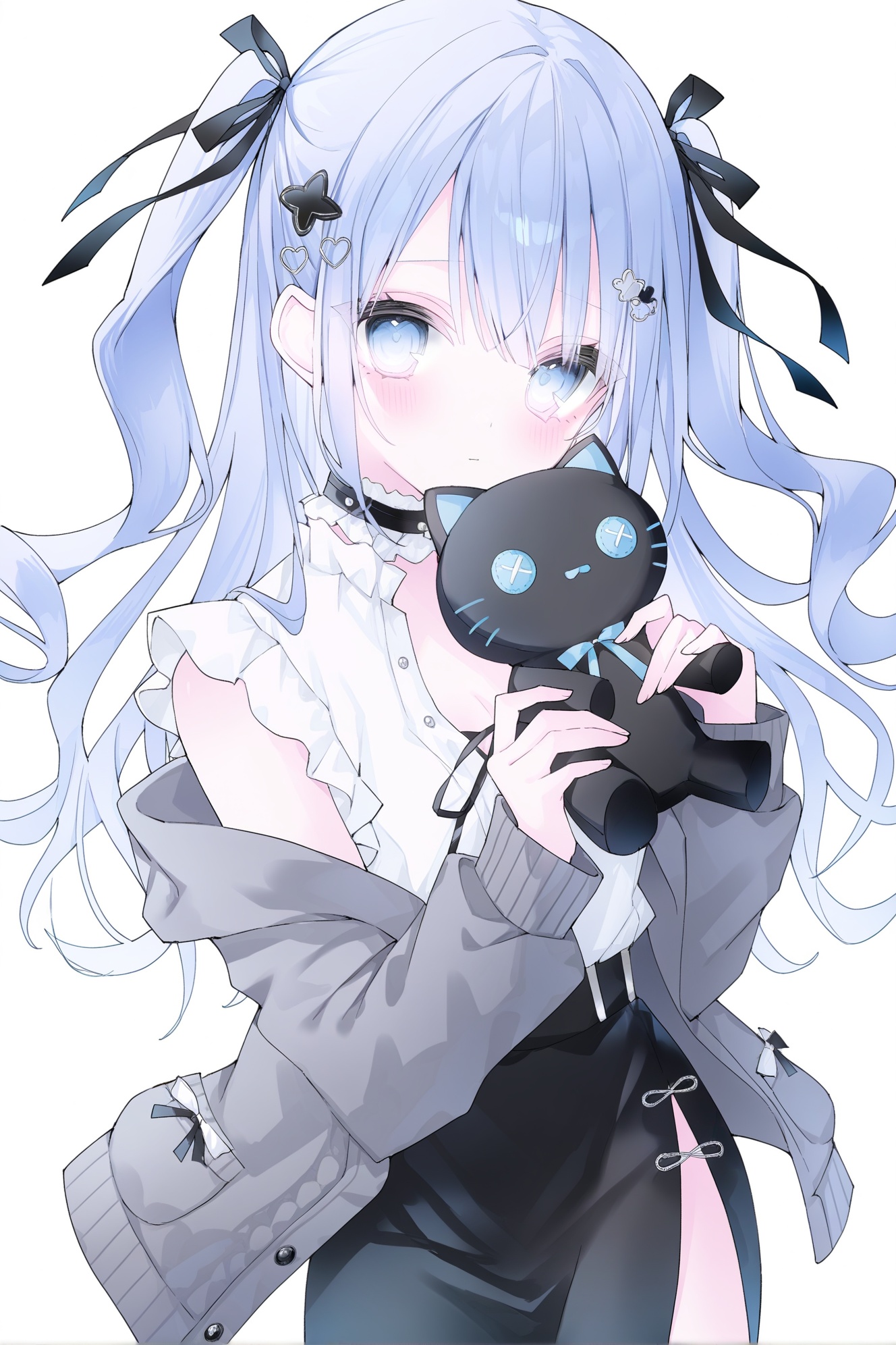 1girl,solo,long hair,looking at viewer,skirt,two side up,black skirt,hair ornament,choker,shirt,white background,blue eyes,long sleeves,stuffed toy,off shoulder,white shirt,blue hair,ribbon,holding,open clothes,hair ribbon,simple background,stuffed animal,stuffed cat,cardigan,side slit,jacket,black choker,closed mouth,black ribbon,breasts,cowboy shot,frills,blush,sleeveless shirt,sleeveless,grey jacket,bare shoulders,open jacket,cleavage,hands up,holding stuffed toy,