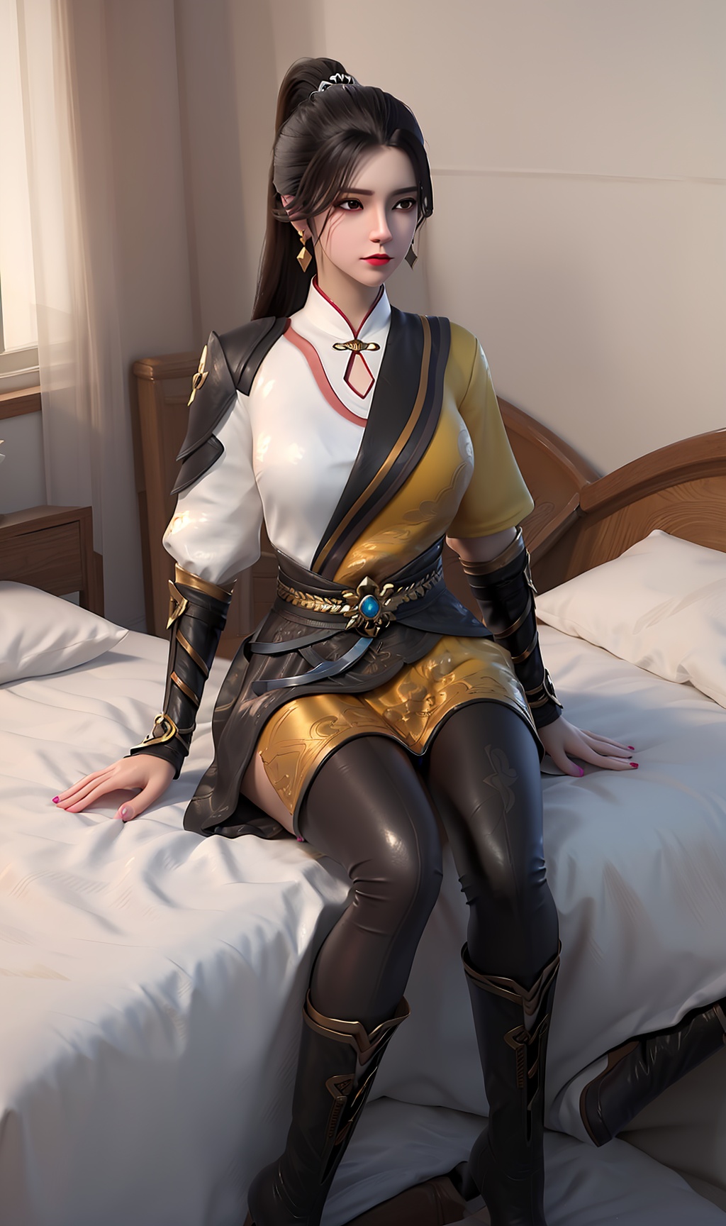 3D,masterpiece,(best quality),(makeup),official art, extremely detailed cg 8k wallpaper,((crystalstexture skin)), (extremely delicate and beautiful),(highly detailed),(face),(ponytail),(1girl), (solo), (jewelry), (earrings),(black_hair),(long_hair),(hair_ornament),(handwear),(breasts),(sitting),((full_body,whole_body)),(long_legs),(dress),(closed_mouth),(short_skirt),(chinese_clothes),(multicolored_clothes),(multicolored_dress),(shiny_clothes),(city,indoor,bed),(wristband),,(tight_pants:1),(sash:),(leggings:1),(pantyhose:1),(robe:1),,((looking_at_viewer)),((Facing the camera)),(boots), (knee_boots),(high_heel_boots), , <lora:hipoly3DModelLora_v10:0.3>