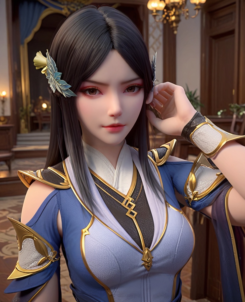 (oriental architecture, elegant decor, sophisticated style:1.1),(selfie,hyper realistic gopro action photo:1.1),looking at viewer,(breasts:1.2),<lora:XL斗破苍穹柳菲:0.95>,miss liufei,blue dress,black hair,long hair,hair ornament,hanging hair,parted bangs,brown eyes,makeup,leather sash,lips,wrist cuffs,pelvic curtain,black thighhighs,, score_9,score_8_up,score_7_up,score_6_up,score_5_up,score_4_up,3d rendering,tag1,tag2, Cinematic Lighting,backlighting,, zPDXL3, zPDXL2,zPDXL, zPDXLxxx, zPDXLrl,