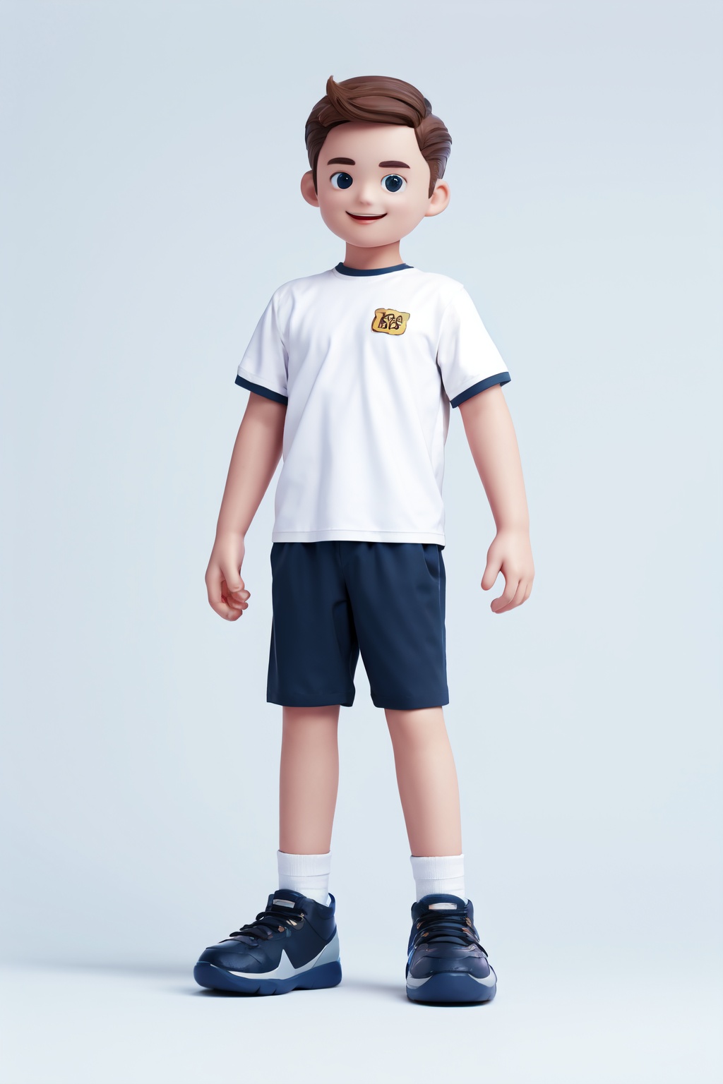 Best quality,masterpiece,ultra high res,yuan_3D_character,1boy,male focus,solo,brown hair,smile,full body,shorts,shoes,(white background:1.5),<lora:3D_character_v1.0:0.8>,