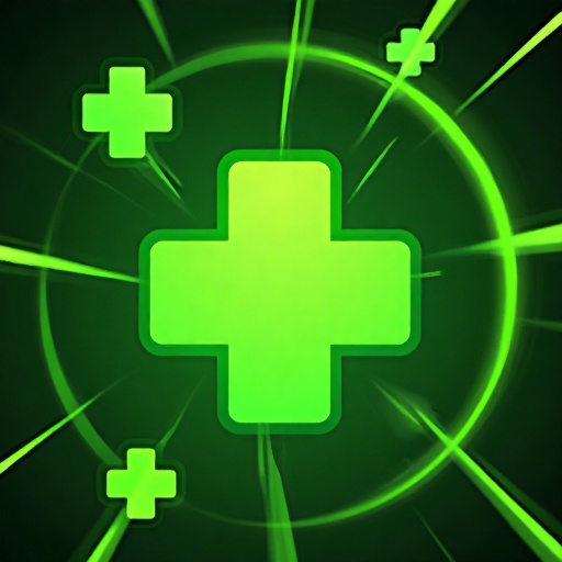 symbolizing health or medicine. The background is dark green with rotating bright green lines and glowing small crosses, creating a dynamic radiation effect. 