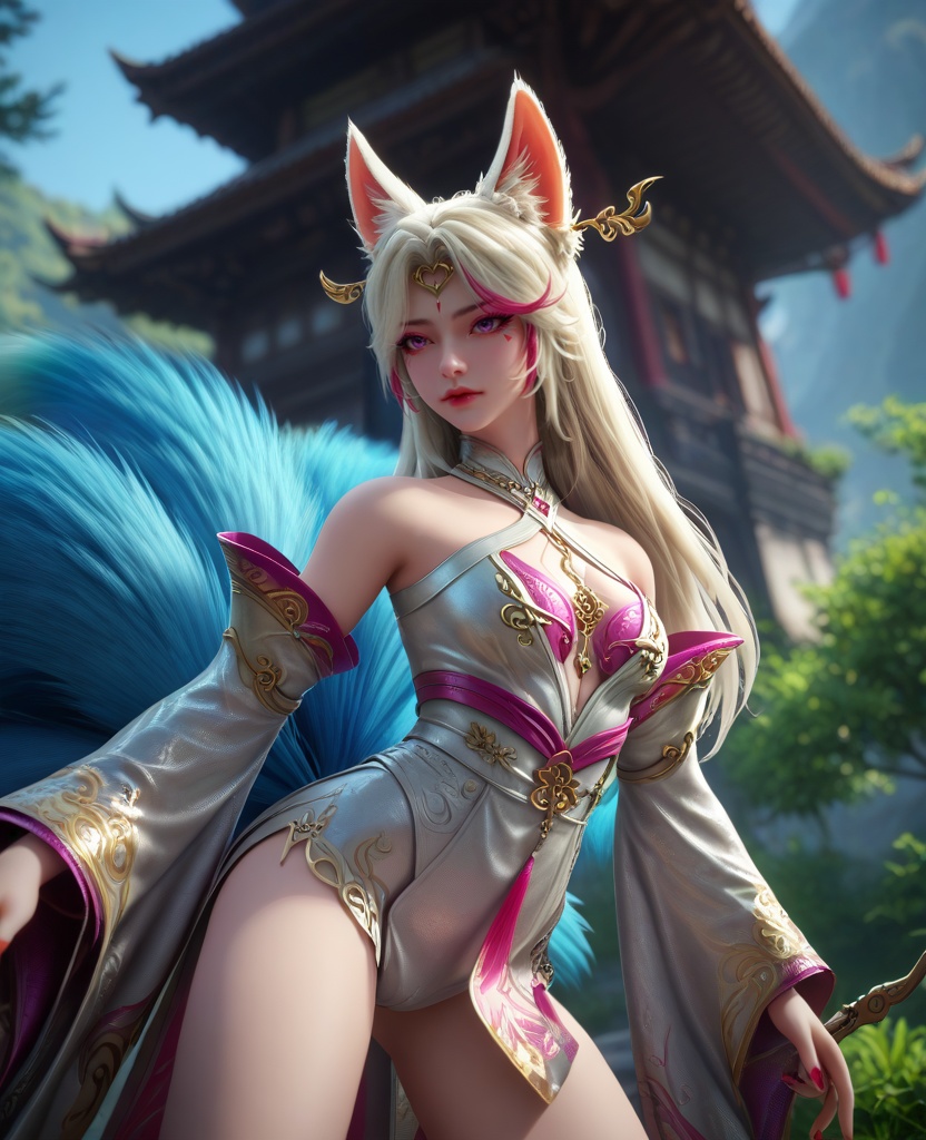 (oriental architecture, elegant decor, sophisticated style:1.1),(Archer's Stance, Holding an imaginary bow, ready to shoot an arrow with intense focus,:1.1),(breasts:1.2),<lora:XL16克金玩家小狸九尾:0.95>,fox girl,white china dress,purple eyes,facial mark,white hair,pink streaked hair,long hair,fox ears,hair ornament,multiple tails,wide flowing sleeves,pink bra,eyelashes,sharp red fingernails,see-through fart curtain,, zPDXL2, score_9, score_8_up, score_7_up BREAK realistic, masterpiece,best quality, highly detailed,, zPDXL3, zPDXL2,zPDXL, zPDXLxxx, zPDXLrl,