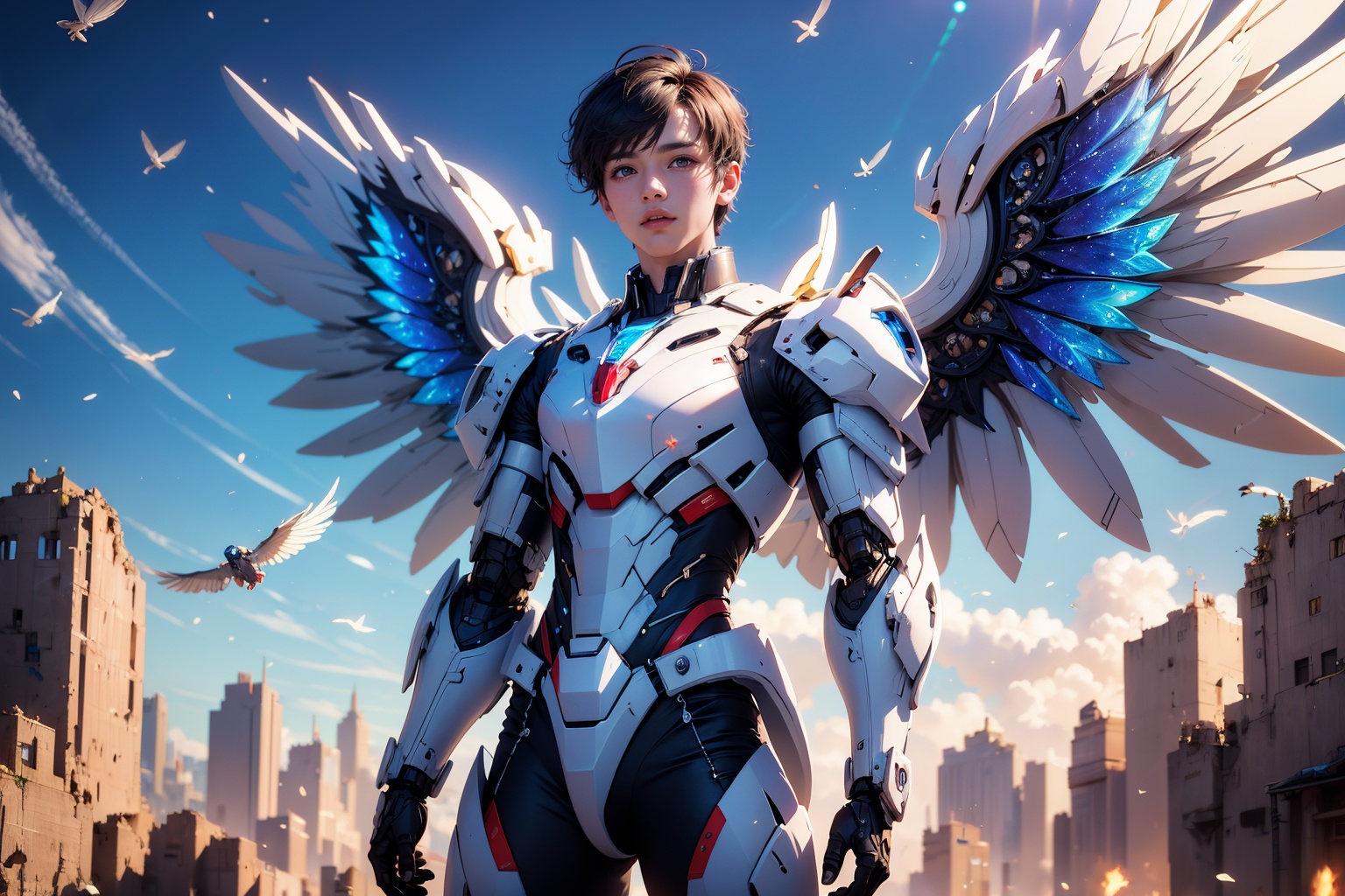 1boy,concept artwork,black hair,(a lonely solo boy:1.4),sky,wing,wings with fans,graphics card fan,strong male mecha warrior,mighty and domineering,cool mecha,32k,blue and white color scheme,white armor,white_background,standing,cowboy_shot,<lora:ASuo_v1:1>,