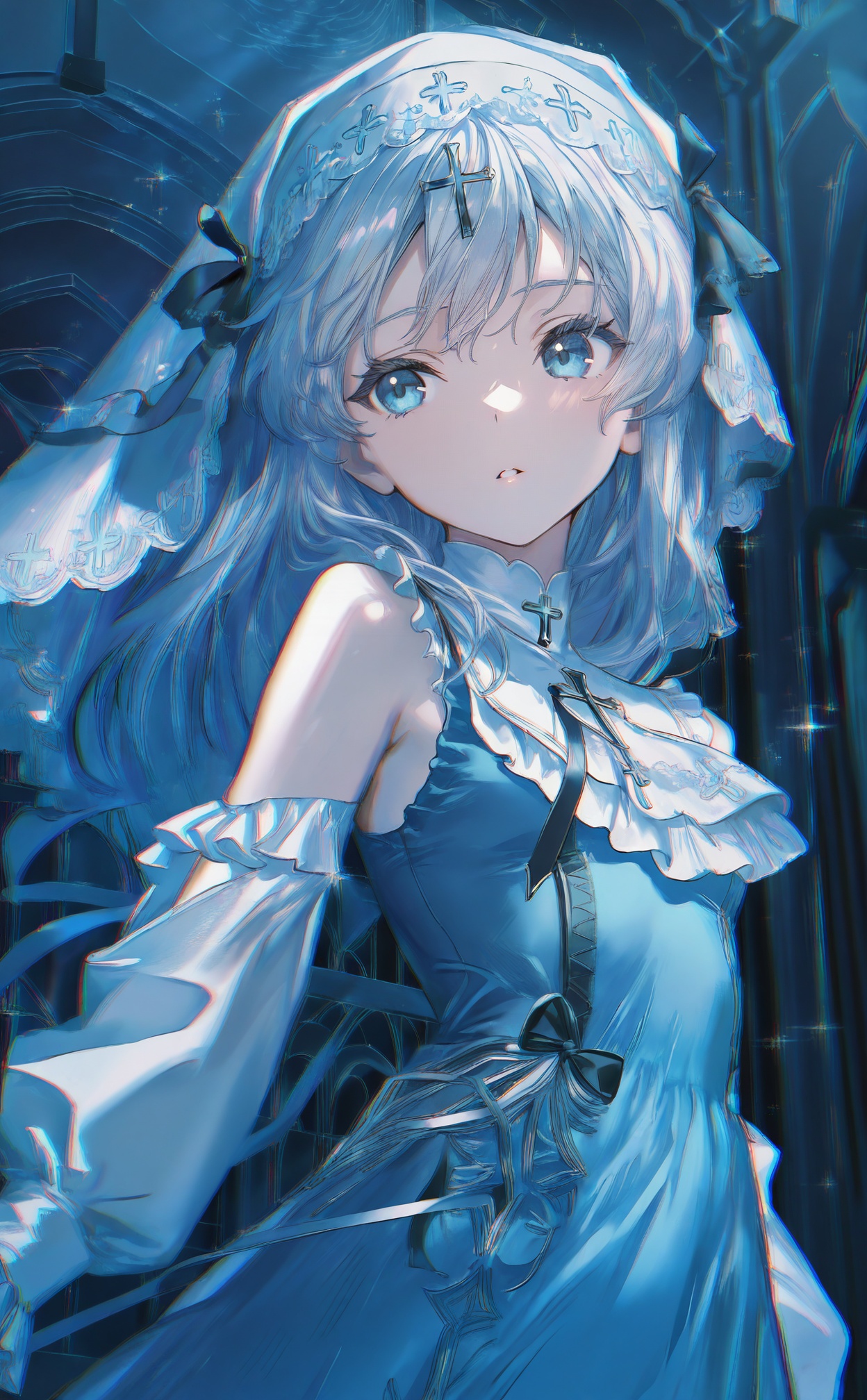 masterpiece,absurdres,best quality,petite,high quality,chromatic_aberration,//,1girl, solo, dress, blue_eyes, veil, parted_lips, detached_sleeves, blue_dress, long_hair, cross, upper_body, hair_ornament, sparkle, latin_cross, cross_hair_ornament, white_hair, sleeveless, bare_shoulders, looking_to_the_side, sleeveless_dress, jewelry, frills, ribbon, blue_hair, hair_ribbon, looking_at_viewer, white_sleeves, chromatic_aberration, blue_theme, long_sleeves, white_veil, necklace, indoors, ascot, star_\(symbol\), blurry//,<lora:ssxd——【noob】hans:1>,