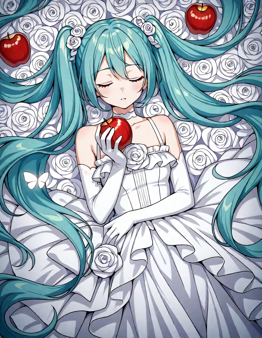 1girl, hatsune miku, food, fruit, apple, butterfly, bug, solo, dress, holding fruit, long hair, white flower, holding food, gloves, holding, closed eyes, flower, white rose, lying, white dress, twintails, rose, white gloves, elbow gloves, aqua hair, frills, on back, hair ornament, red apple, very long hair, petals, parted lips, bare shoulders, choker