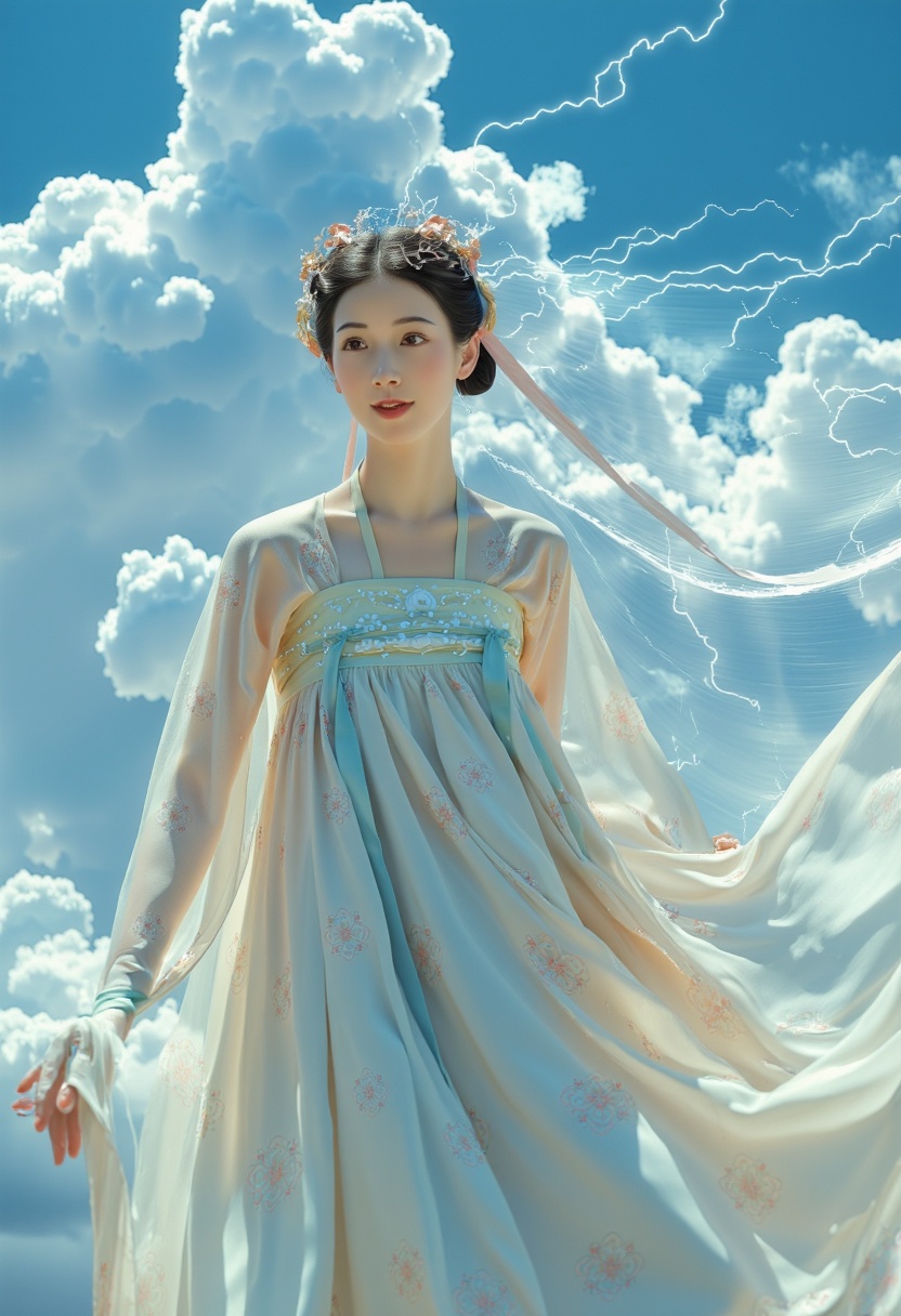 a cumulus cloud in the shape of a beautiful chinese girl,  clouds cumulus tang style outfits hanfu,  transparent upper sha...