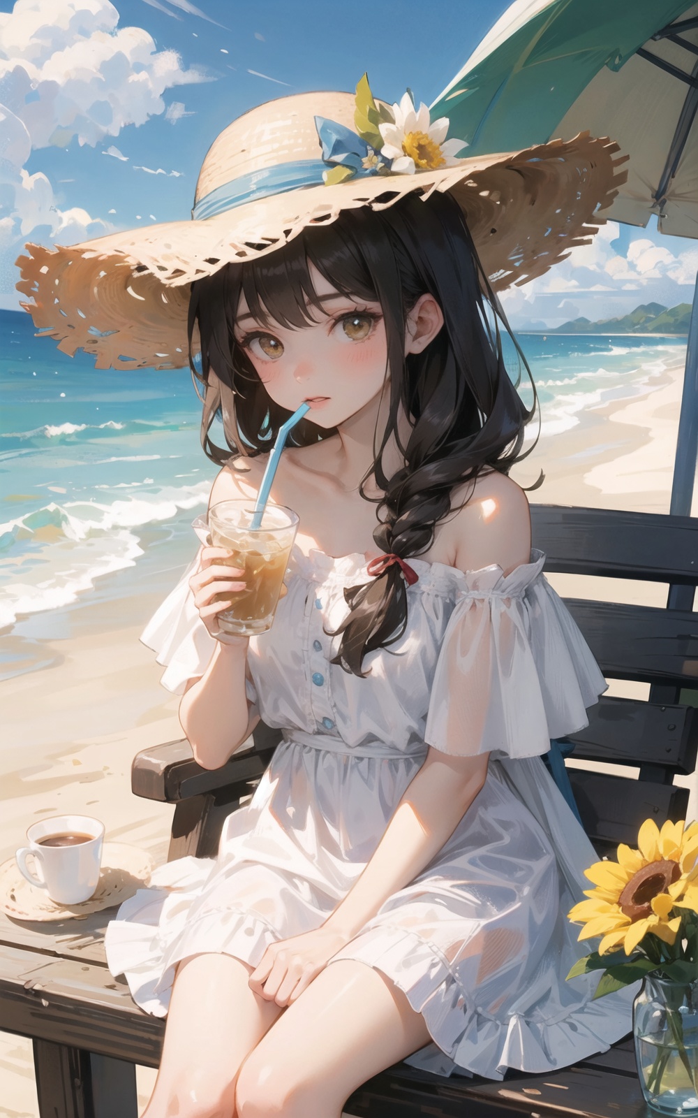 hat, 1girl, straw_hat, dress, hat_flower, white_dress, sitting, cup, solo, long_hair, flower, ribbon, looking_at_viewer, bare_shoulders, off_shoulder, outdoors, holding, disposable_cup, day, blue_ribbon, drinking_straw, brown_headwear, sun_hat, beach