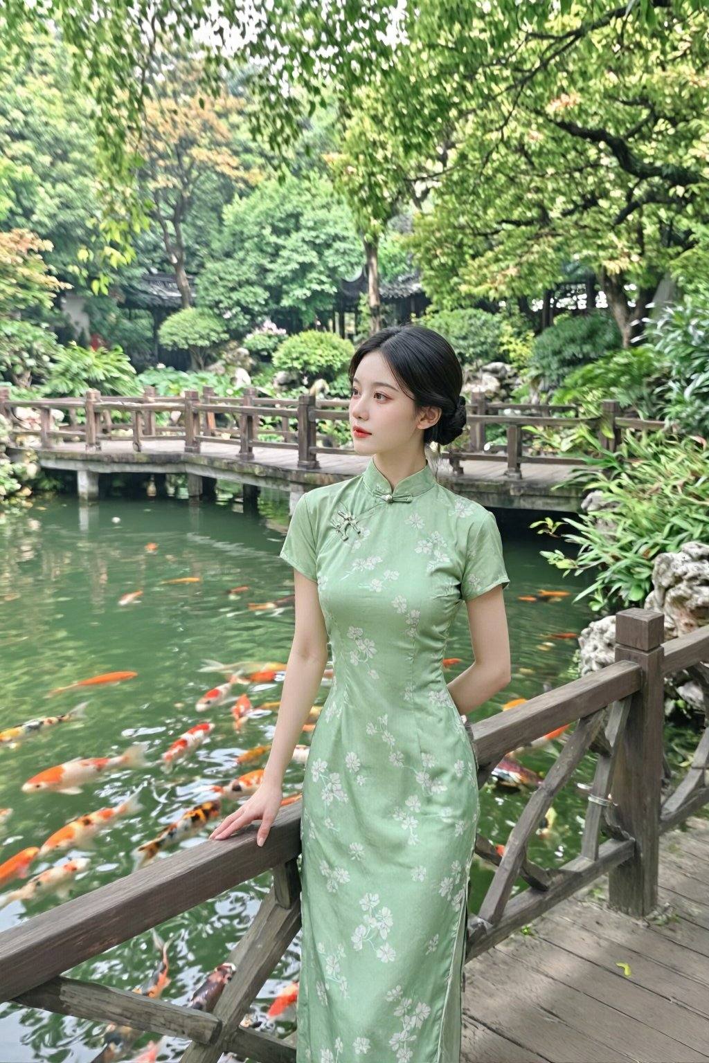 这是一张捕捉宁静朦胧的亚洲花园景象的照片。一位年轻的亚洲女子，肤色白皙，黑发挽成优雅的发髻，身着一件贴身的浅绿色花纹旗袍，伫立在木质栏杆旁，若有所思地凝视着远方。背景中，静谧的池塘里游弋着色彩斑斓的锦鲤，一座传统的木桥横跨其间，绿树成荫，生机盎然。柔和的漫射光营造出宁静祥和的氛围，更添几分空灵之美。