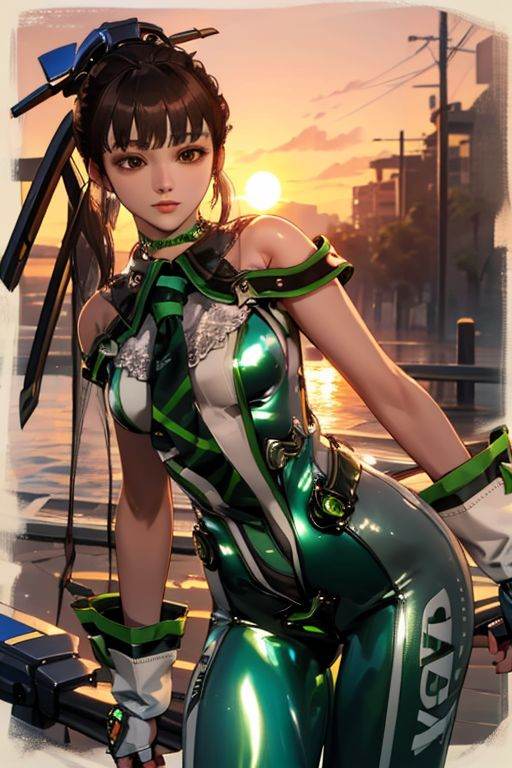 eve, brown eyes, greensuit, <lora:eve_v2.0:.7> (best quality:1.2),(masterpiece:1.2),(detailed:1.1) , sunset