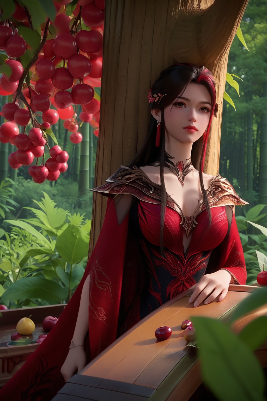 (Resting against a tree trunk in a blooming cherry orchard, she embodies the ephemeral beauty of spring:1.2),looking at viewer,<lora:XL16神国之上赵襄儿皇服:0.85>,miss zhaoxianger,black corset evening gown with red embroidery,brown eyes,black hair,red streaked hair,very long hair,hair ornament,red cape train,(large breasts:1.2),bamboo forest,water,stone,pondel,, score_9,score_8_up,score_7_up,score_6_up,score_5_up,score_4_up,3d rendering,tag1,tag2, Cinematic Lighting,backlighting,