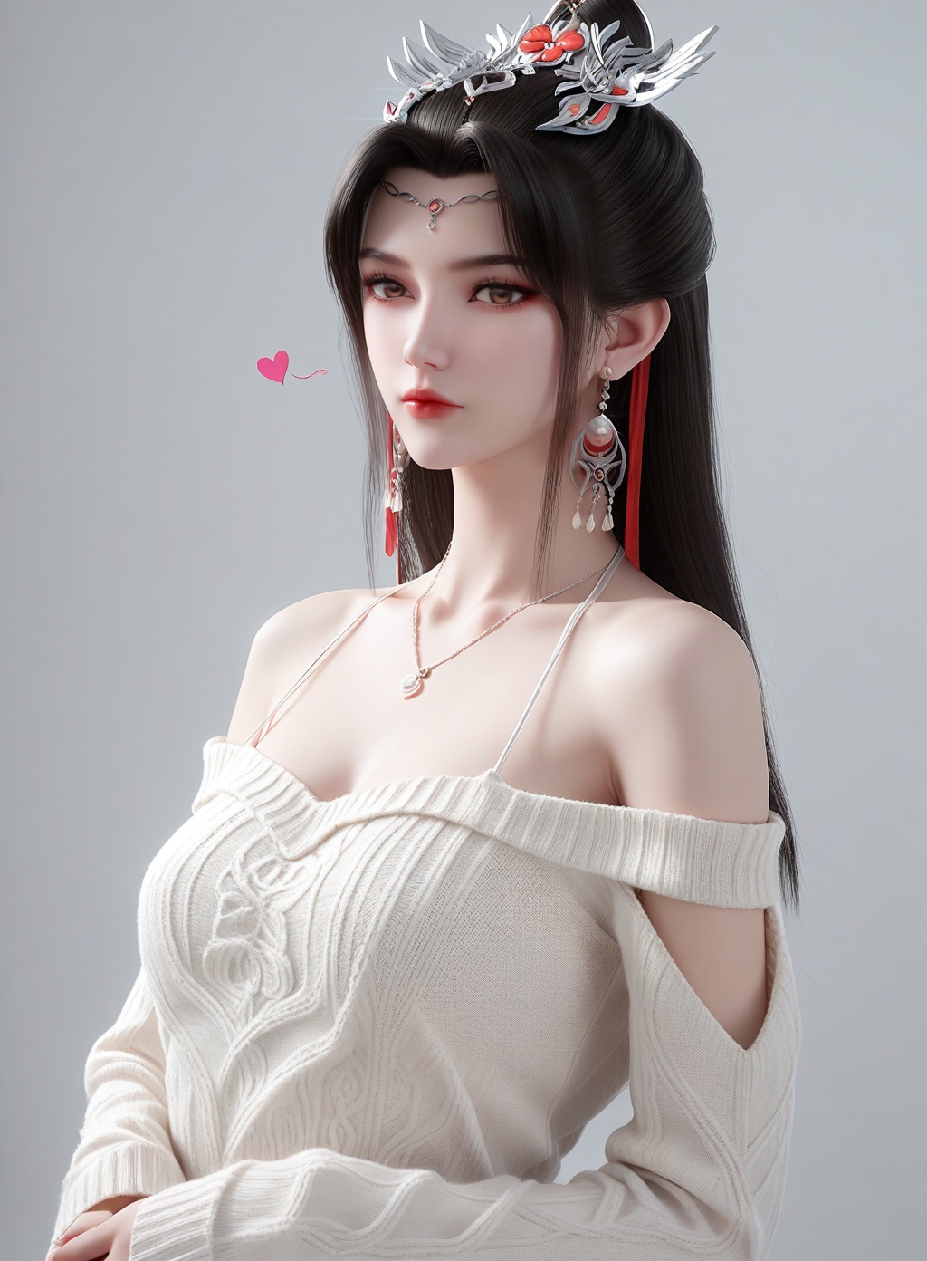 score_9,score_8_up,score_7_up,1girl,solo,jewelry,necklace,long hair,looking at viewer,sweater,realistic,simple background,off shoulder,off-shoulder sweater,bare shoulders,upper body,lips,heart,collarbone,closed mouth,white sweater,<lora:wy_liumei_XL7.0:0.8>,black hair,brown eyes,hair_ornament,