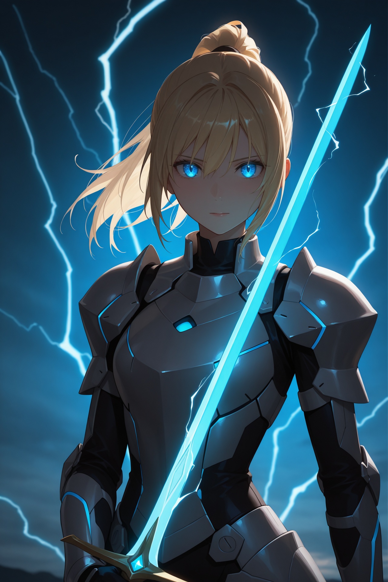 a stunning young woman holding a short sword on each hand,  looking at viewer,  glowing in blue lightning on Tensor.Art