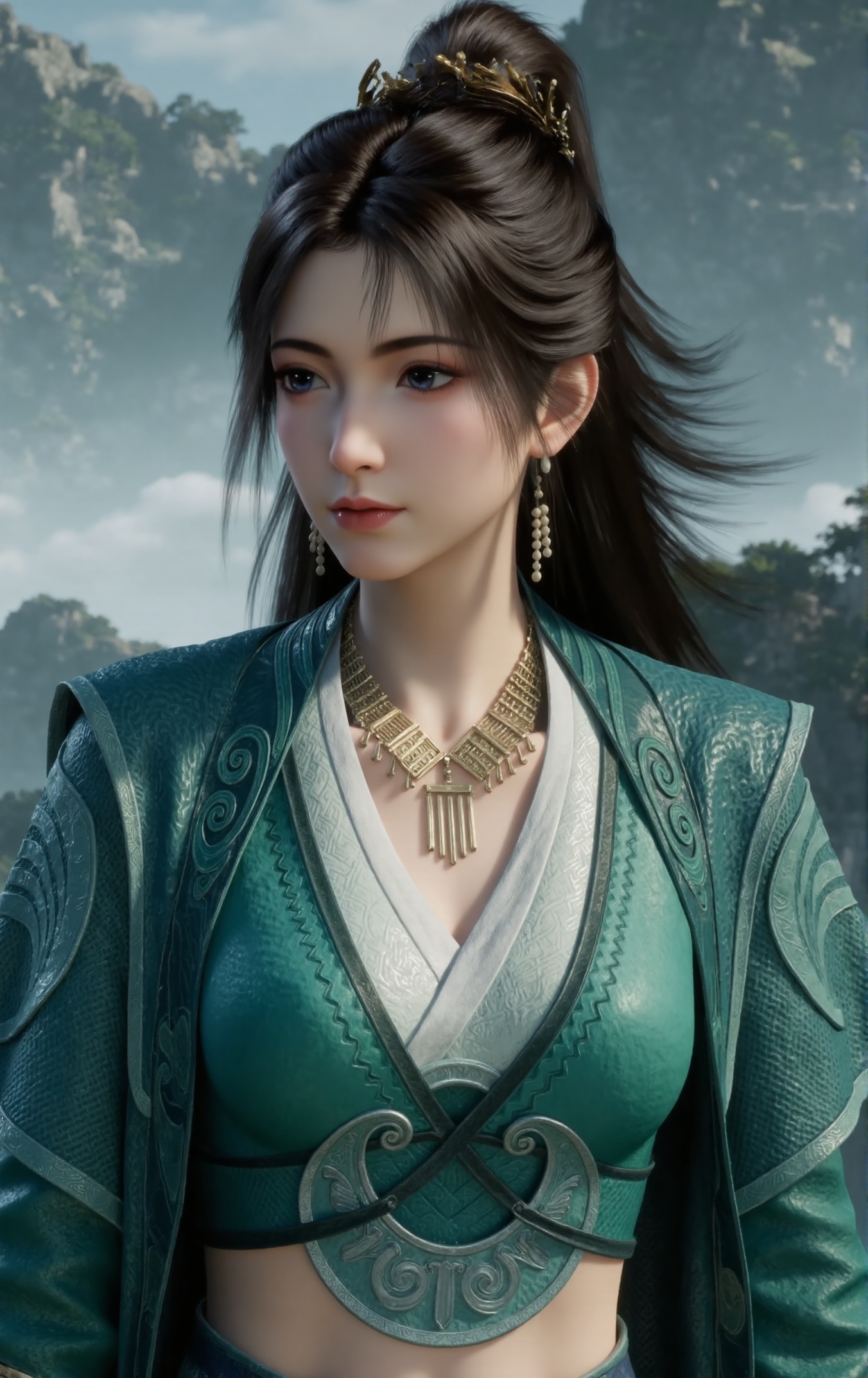 "Photograph of Mupeiling,wearing an elegant traditional Chinese attire in teal with intricate patterns and a white inner layer. She wears a gold necklace with dangling pendants and has her long dark hair styled in a high ponytail. On her head sits a small gold crown. The outfit combines green and white elements,showcasing detailed fabric textures and ornate patterns. Additional accessories include gold earrings and an elaborate necklace. Her look is completed with a traditional Chinese style in green and gold,featuring a high slit on the robe. Long black hair styled in an updo,emphasizing the detailed jewelry and textures.",
