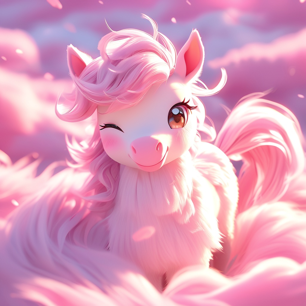 wuma,pony,whiskers,cute,cc-color-correction,mf-movie-filter,warm colors,whimsy and dramatic lighting,white fur,soft lighting,fluffy,pony focus,no humans,one eye closed,pink theme,closed eyes,blurry,:o,open mouth,blurry background,brown eyes,looking at viewer,outdoors,sky,cloud,<lora:wuma_xl:0.8>,