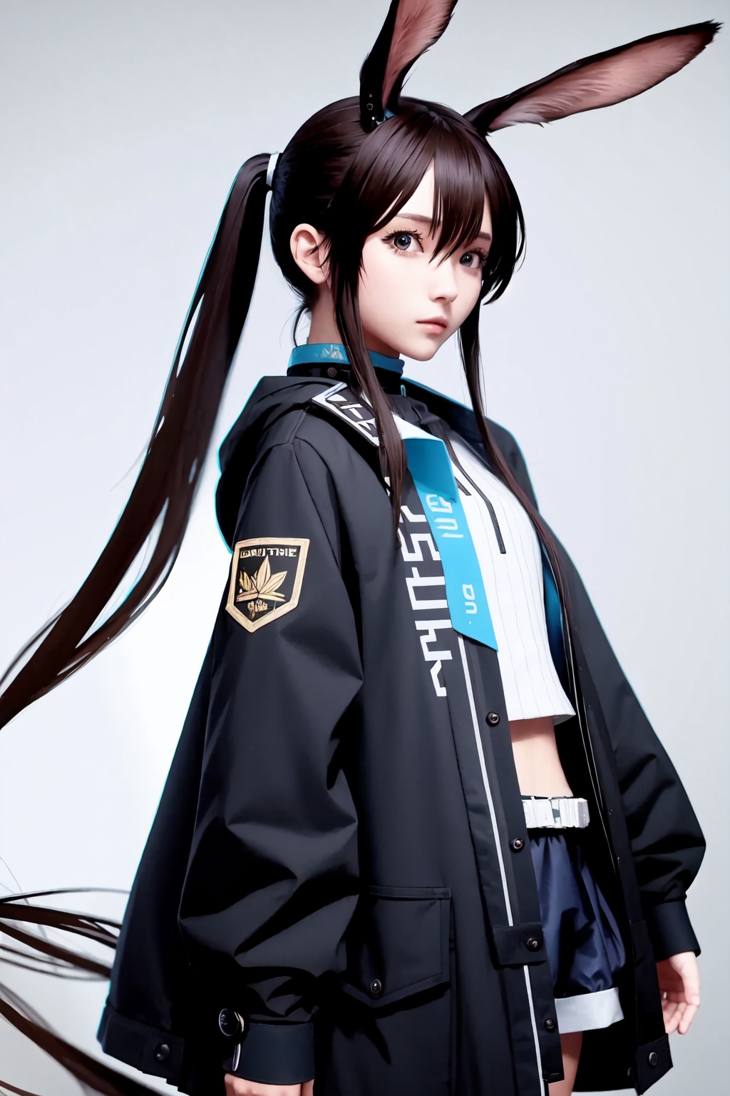 amiya_(arknights),1girl,solo,looking_at_viewer,long_sleeves,black_jacket,open_jacket,sidelocks,ponytail<lora:amiya_(arknights):1>,simple background,white backgroundmasterpiece,best quality, highly detailed, 