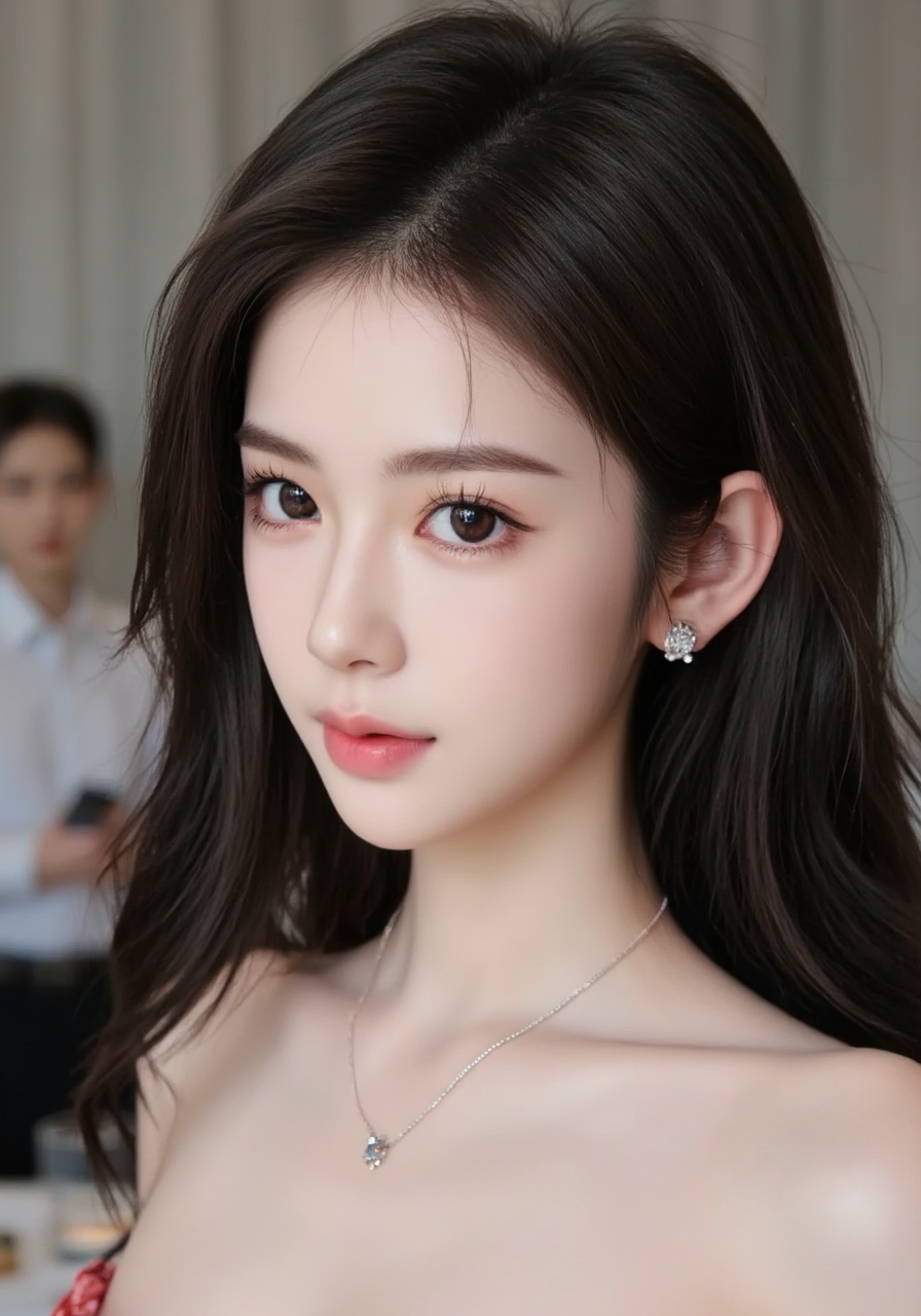1girl,solo,jewelry,earrings,long hair,dress,brown eyes,brown hair,necklace,looking at viewer,blurry,lips,breasts,realistic,medium breasts,upper body,see-through,blurry background,black hair,from side,<lora:3e752b:0.75>,