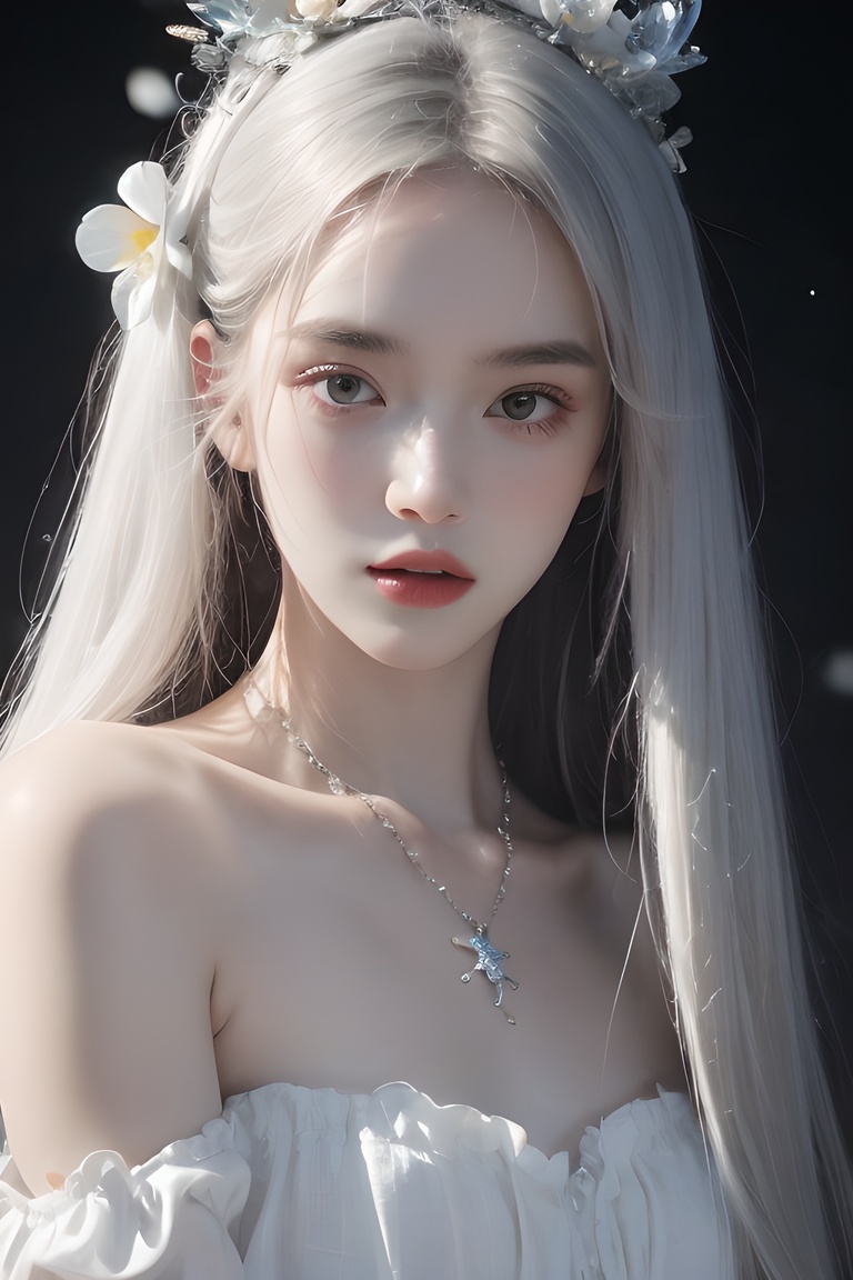 1girl, white_flower, flower, solo, long_hair, upper_body, looking_at_viewer, hair_ornament, breasts, bare_shoulders, necklace, parted_lips, lips, white_hair, snowflakes, medium_breasts, beautiful girl, <lora:anime-girl_gf33:0.69>, <lora:meinv123:0.2>