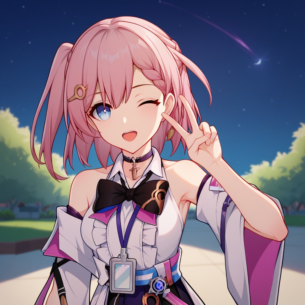 absurdres, best quality, uncensored, score_9, score_8_up, score_7_up, outdoors, night sky, starry sky, solo, 1girl, asta \(honkai: star rail\), hairclip, one side up, pink hair, braid, blue eyes, black bowtie, white shirt, black skirt, bare shoulders, detached sleeves, id card, center frills, lanyard, choker,upper body,one eye closed,open mouth,v, looking at viewer, <lora:asta-000004:0.8>, 