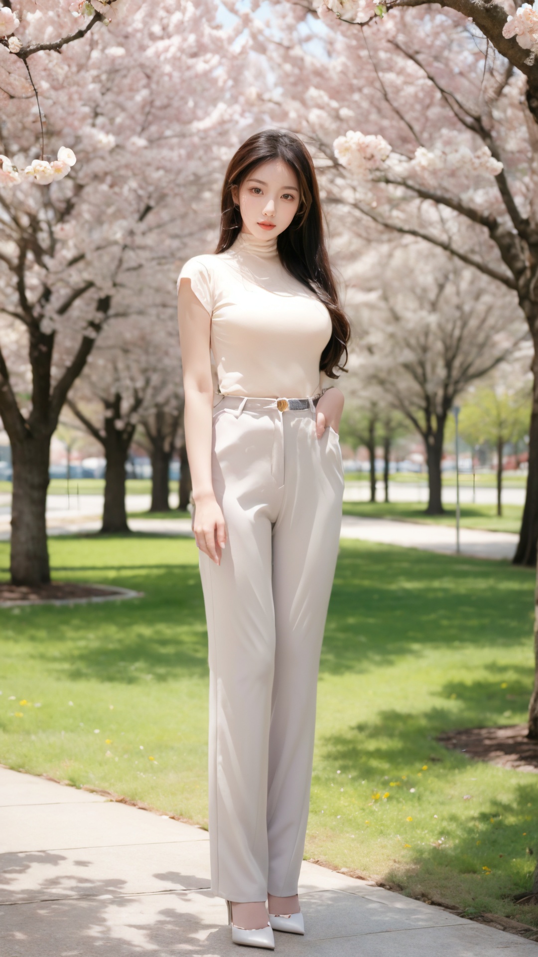 Realistic, masterpiece, best quality,8K,HDR,RAW,1girl,((solo)),(Spring scenery, parks, peach blossoms), (standing),large breasts, full body,<lora:add_detail:0.6>, <lora:GoodHands-vanilla:1>, <lora:ENNE 轻商务套装_V2:1> ,suit pants,shirt,