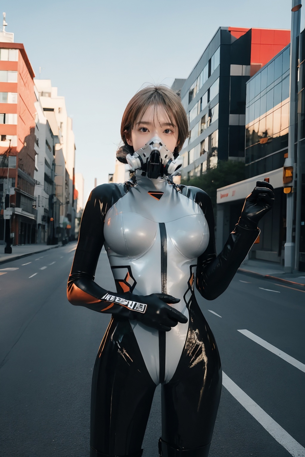 <lora:GoodHands-手beta2:1>,solo,1girl,cityscape,standing,outdoors,red background,<lora:0408 Silver and black spliced ​​gelcoat_v1:1>,ruanyi0408,bodysuit,respirator,, best quality,masterpiece,highres,official art,extremely detailed cg unity 8k wallpaper