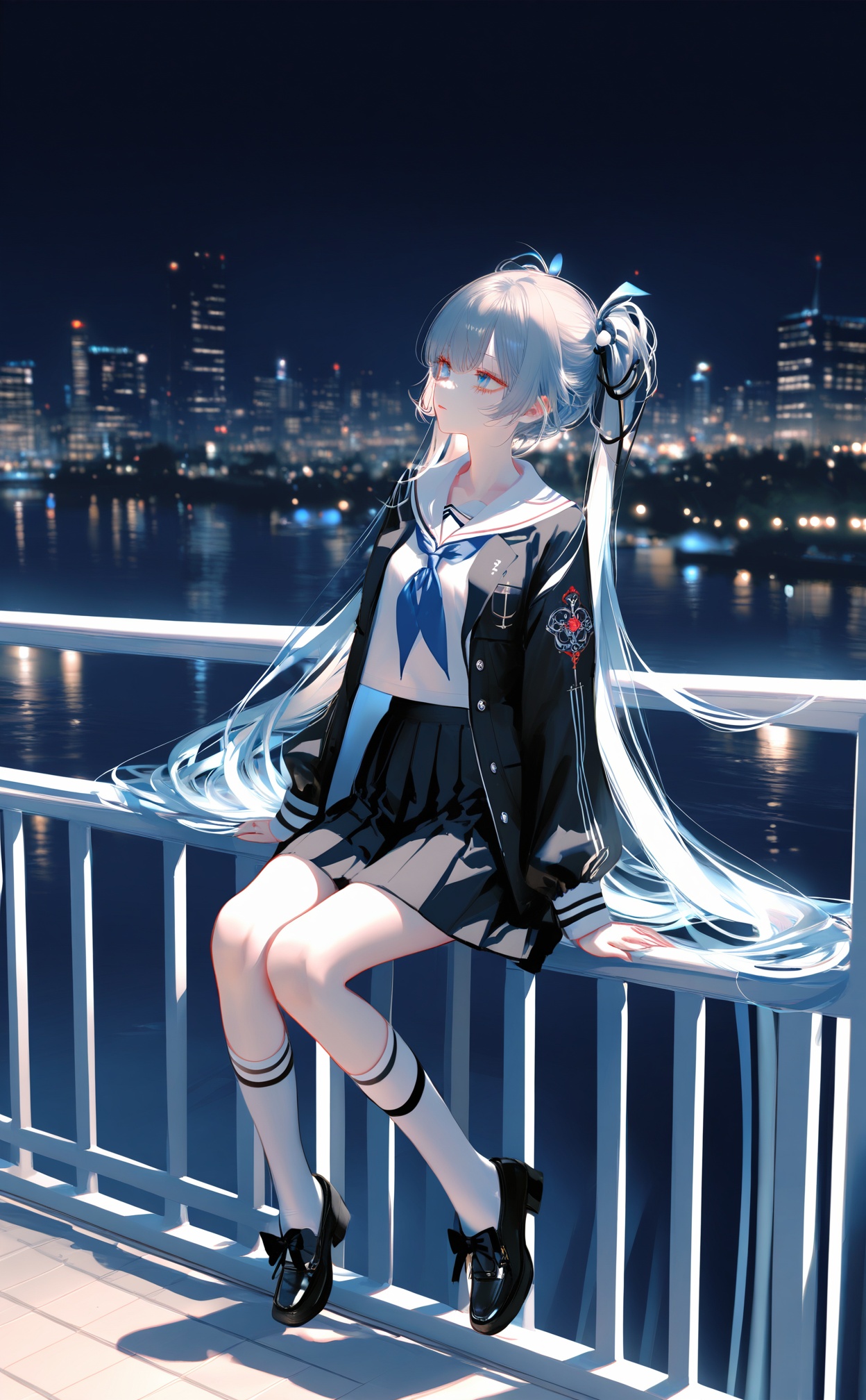 (masterpiece),(best quality),illustration,ultra detailed,hdr,Depth of field,(colorful),[pottsness],[iumu],[Sheya],Artist bzmfbgdm,1girl,Luo Tianyi (Vocaloid),solo,long hair,skirt,school uniform,socks,sitting,jacket,night,looking up,very long hair,pleated skirt,shoes,sky,black footwear,blue eyes,black skirt,bow,shirt,white shirt,kneehighs,serafuku,night sky,open clothes,twintails,hair ornament,black jacket,open jacket,cityscape,ribbon,bangs,railing,