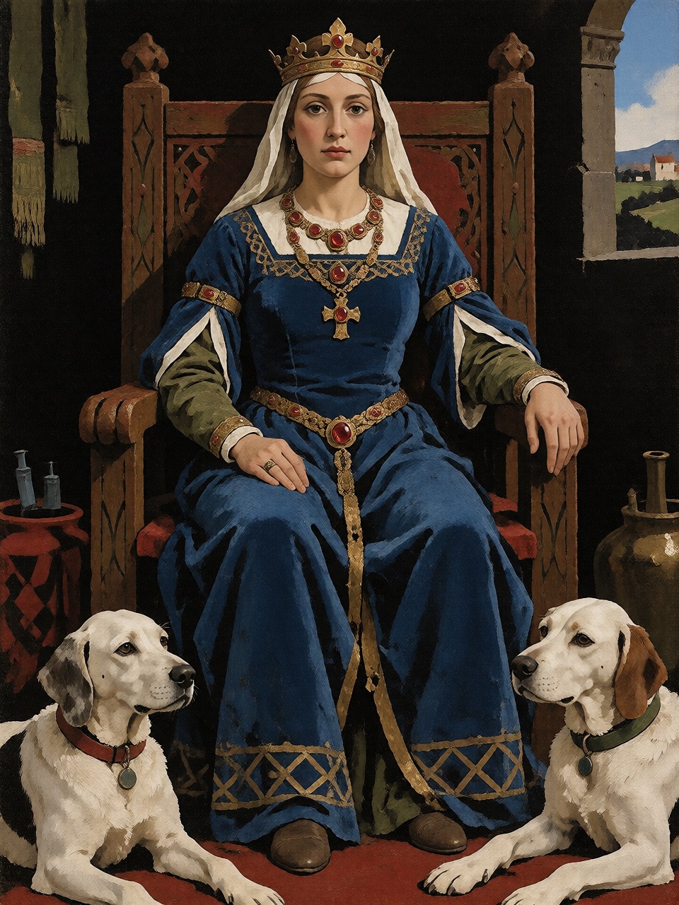 A medieval queen seated on a carved wooden throne,  wearing a deep blue velvet gown,  a golden crown and a heavy necklace...