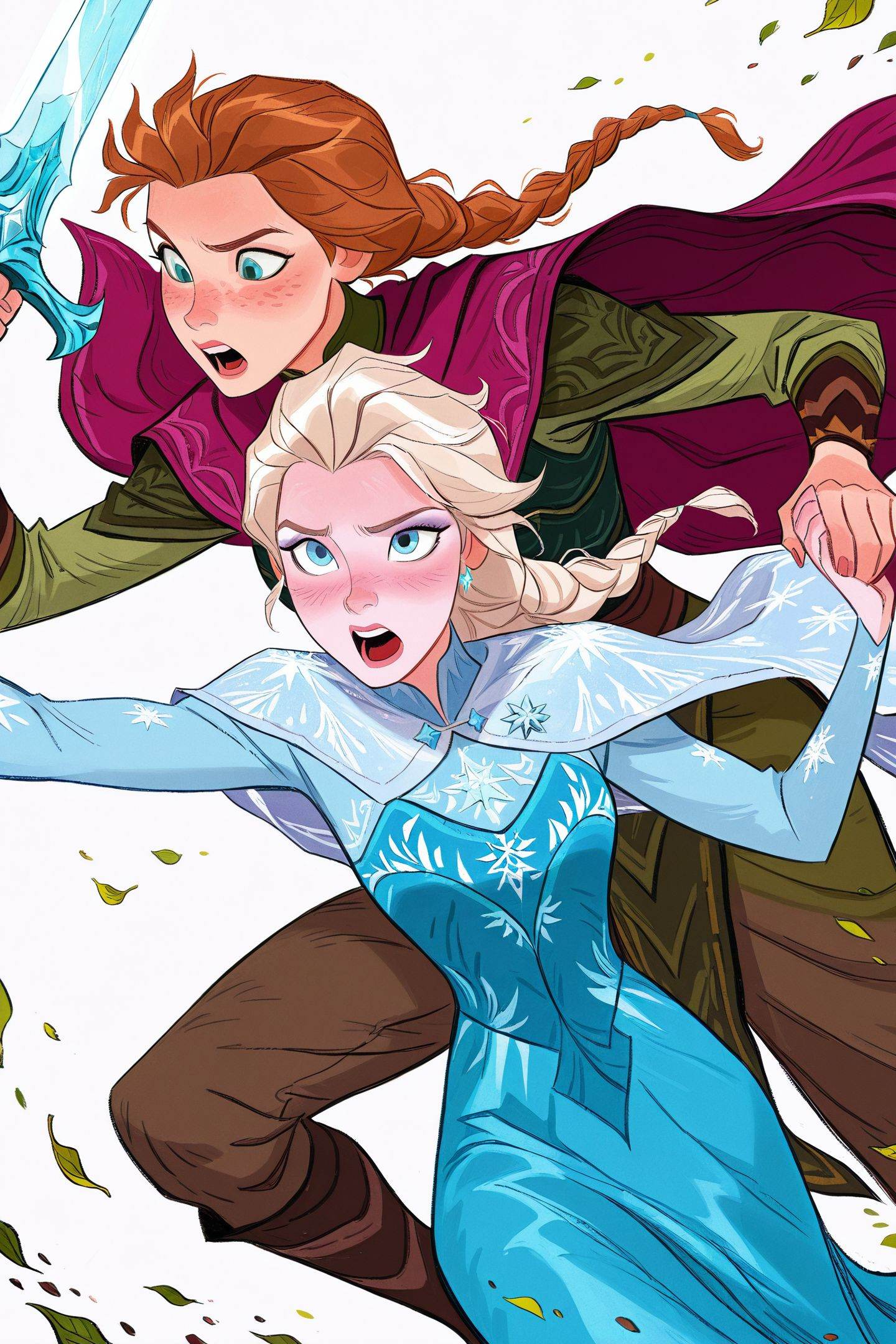 ami thompson Style,elsa \(frozen\),2girls,multiple girls,brown hair,anna \(frozen\),blue eyes,braid,weapon,outstretched arm,holding weapon,holding,single braid,holding sword,sword,dress,white background,long hair,blonde hair,long sleeves,simple background,cape,open mouth,holding hands,freckles,blue dress,leaf,blush,<lora:ami thompson_illustriousXL:1>,