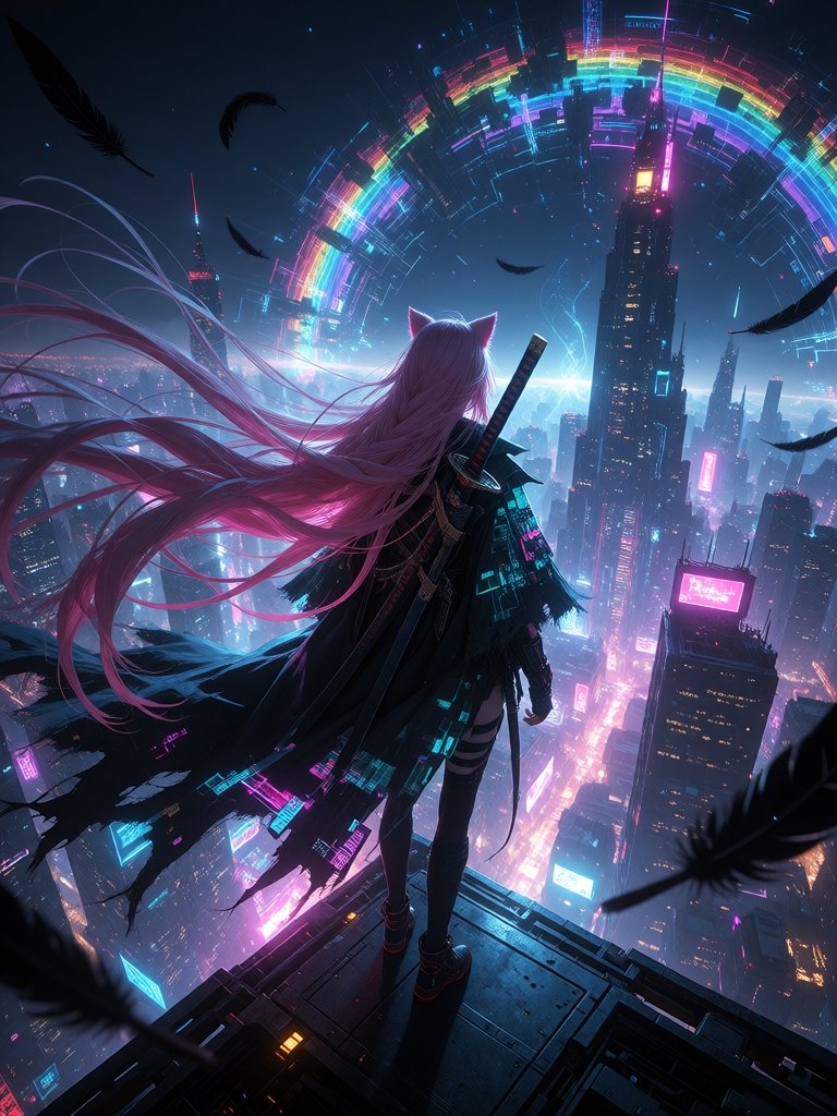 Masterpiece,  epic cyberpunk anime landscape,  wide-angle shot from behind. The female character with extremely long pink...