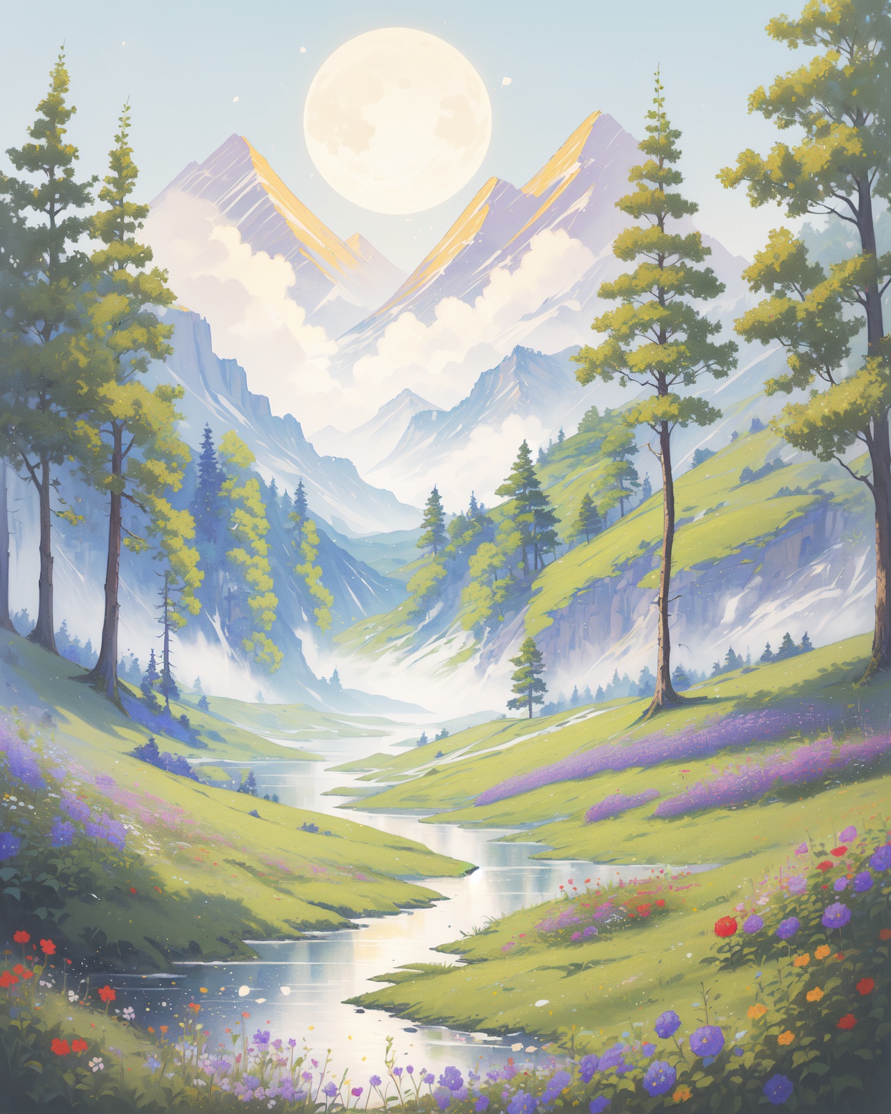 scenery,(River, Moonlit, Forest, Boat, Reflections, Peacefulness,Bluebells, Misty forest, Ethereal atmosphere, Bluebell haze, Enchanted woodland, Morning mist:1.3),outdoors,cloud,light particles,beautiful detailed sky,beautiful detailed glow,best shadow,from_below,depth of field,panorama,(masterpiece, best quality, beautiful and aesthetic:1.3),(beautiful and clear background:1.2),extremely detailed CG,ultra-detailed,beautiful concept illustration,illustration,extremely fine and beautiful,perfect details,<lora:YOUHUA-000015:1>,oil painting \(medium\),
