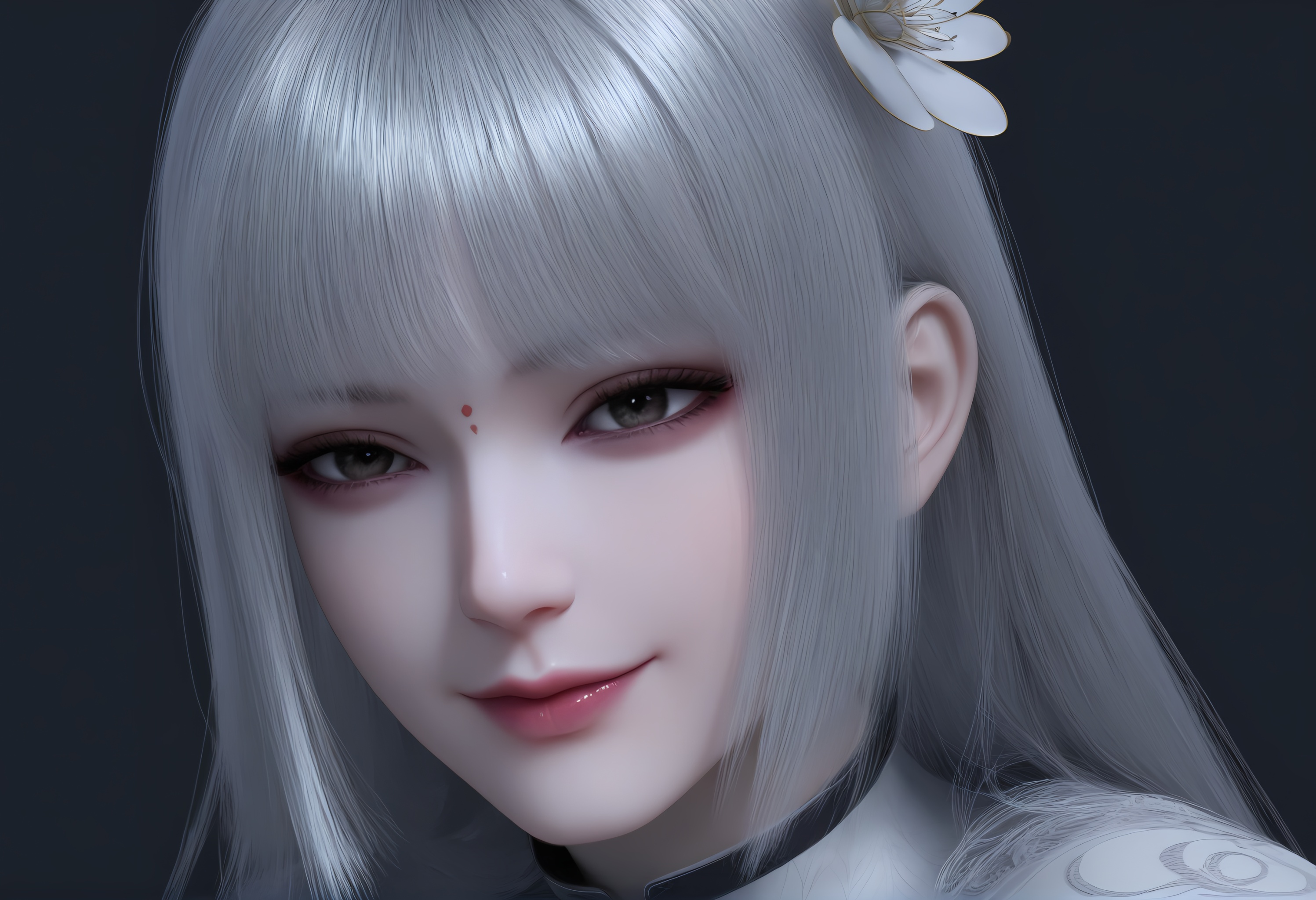 (score_9),portrait,(close-up),solo focus,(eye focus),<lora:苏红息-apony:0.86>,shuxihong,1girl,solo,red dot,long hair,silver hair,hair ornament,hair flower,bangs,single_flower,mature_female,BREAK<lora:Expressive_H-000001:0.8>,light blush,Expressiveh,looking at viewer,seductive_smile,fair_skin,(pale skin),ultra-detailed skin texture,detailed textures,BREAKsimple background,black background,<lora:e色温:0.25>,4K ultra HD,sharp focus,high detail,high contrast,
