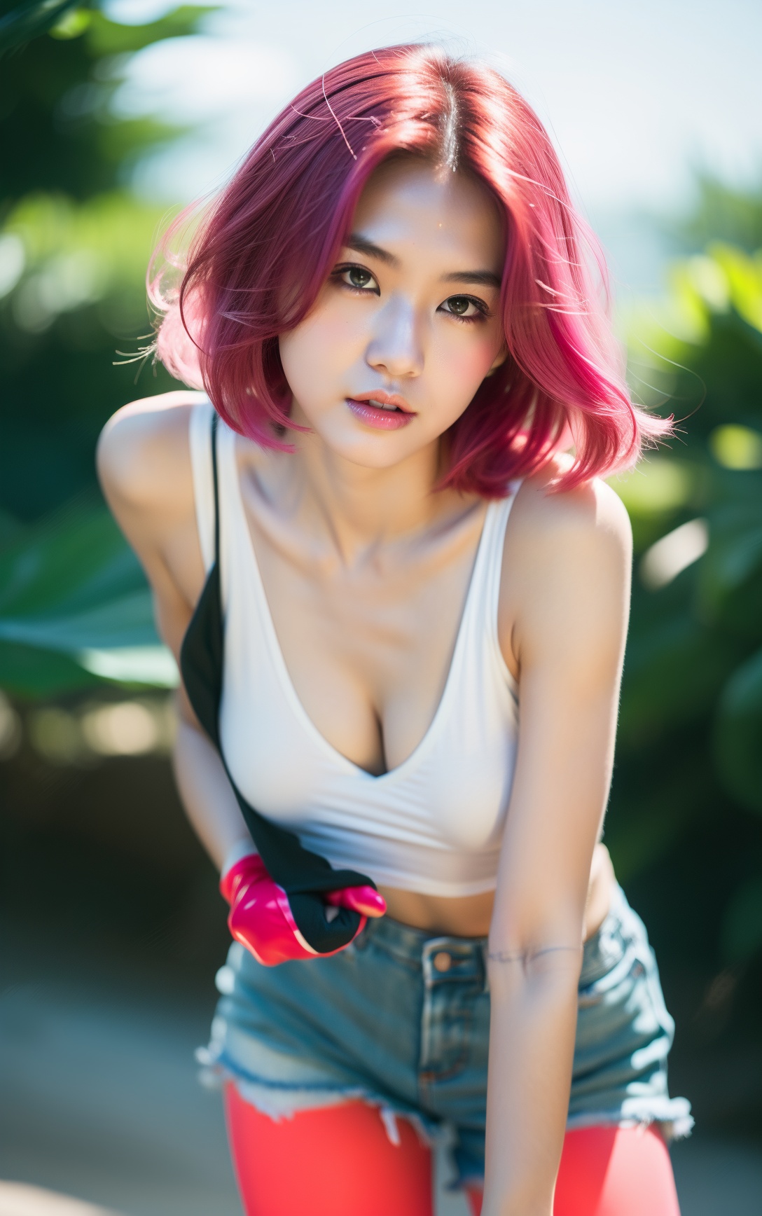 Peiyao Jiang,1girl,solo,(pink hair),gloves,long hair,shorts,blue eyes,fingerless gloves,hair over one eye,(red gloves),cleavage,smile,denim,**** top,looking at viewer,denim shorts,short shorts,blue shorts,shirt,leaning forward,collarbone,sexy,cute,Beautiful Finger,Beautiful long legs,Beautiful body,Beautiful Nose,Beautiful character design,perfect eyes,perfect face,Charming and wanton eyes,bodybuilding,pink eyebrows,(white ****_top),****_top,looking at viewer,official art,extremely detailed CG unity 8k wallpaper,perfect lighting,Colorful,Bright_Front_face_Lighting,(masterpiece:1),(best_quality:1),ultra high res,4K,ultra-detailed,photography,8K,HDR,highres,absurdres:1.2,Kodak portra 400,(Beautiful,large_Breasts:1.4),(beautiful_face:1.5),(narrow_waist),(masterpiece, top quality, best quality, official art, beautiful and aesthetic:1.2),cover art,