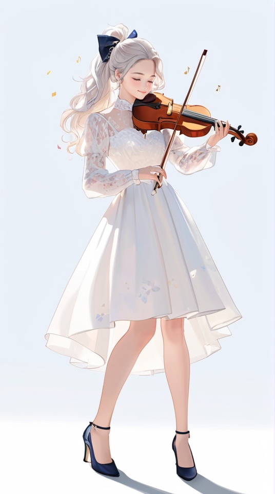 (best quality), ((masterpiece)), (highres), illustration, original, extremely detailed,<lora:韩の时尚衣橱:0.7>1girl, solo, instrument, violin, music, closed eyes, dress, white background, playing instrument, bow, high heels, ponytail, hair bow, white dress, long sleeves, holding, holding instrument, simple background, see-through, smile, full body, standing, blush, long hair, parted bangs, puffy sleeves, curly hair, puffy long sleeves, closed mouth, white hair, musical note, floral print