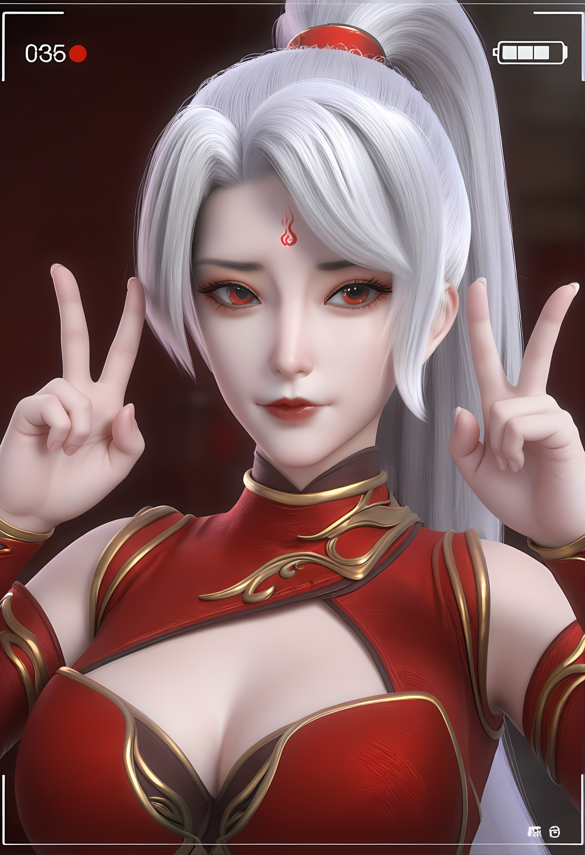 (score_9),light blush,body blush,<lora:焰羽女神-Apony-000009:0.83>,yanyu,solo,1girl,white hair,long hair,ponytail,hair rings,forehead mark,red eyes,red dress,high collar,detached sleeves,double v,<lora:perfect-eyes:0.8>,looking at viewer,front view,female,mature,(mature_female:1.1),glamor,border,viewfinder,flashback,OverallDetail,fair_skin,(white_skin),(Ivory_skin),<lora:e色温:0.5>,<lora:e肤色滑块:0.5>,<lora:SDS-XL泛光调节器_v1.0:0.1>,<lora:a修手:0.3>,<lora:detailed_notrigger:1>,