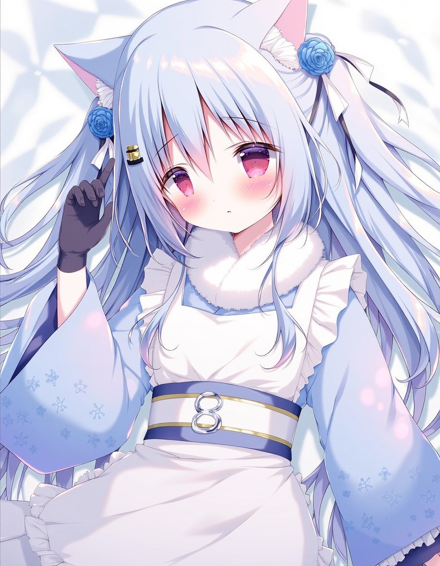 shiratama_(shiratamaco), commentary_request, highres, 1girl, :o, apron, bed_sheet, black_gloves, blue_flower, blue_hair, blue_kimono, blue_rose, blush, cat_hair_ornament, flower, frilled_apron, frilled_gloves, frilled_kimono, frills, gloves, hair_between_eyes, hair_flower, hair_ornament, hand_up, japanese_clothes, kimono, long_hair, long_sleeves, looking_at_viewer, lying, obi, on_back, red_eyes, rose, sash, solo, very_long_hair, waist_apron, white_apron, wide_sleeves, , original, year_2022,, <lora:flux-Shiratamaco-000006:1>