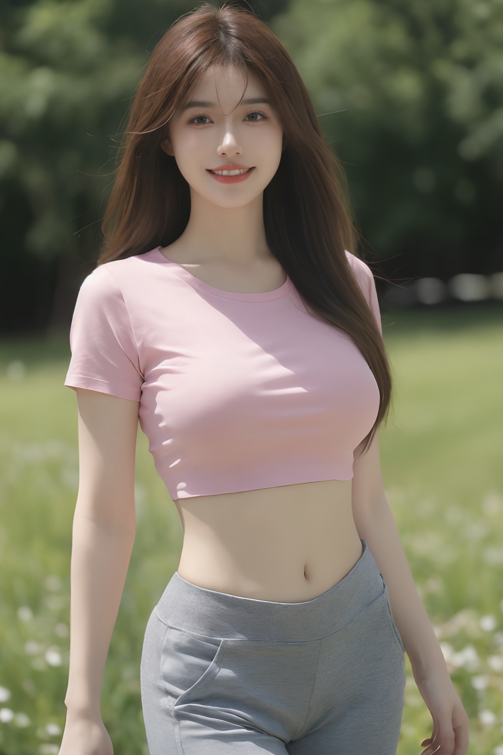 1girl, solo, outdoors, shirt, breasts, looking at viewer, brown hair, navel, flower, realistic, smile, pants, field, brown eyes, day, pink shirt, standing, long hair, sky, short sleeves, midriff, blurry, large breasts, yoga pants<lora:sifang_20231118123505:0.6>, 