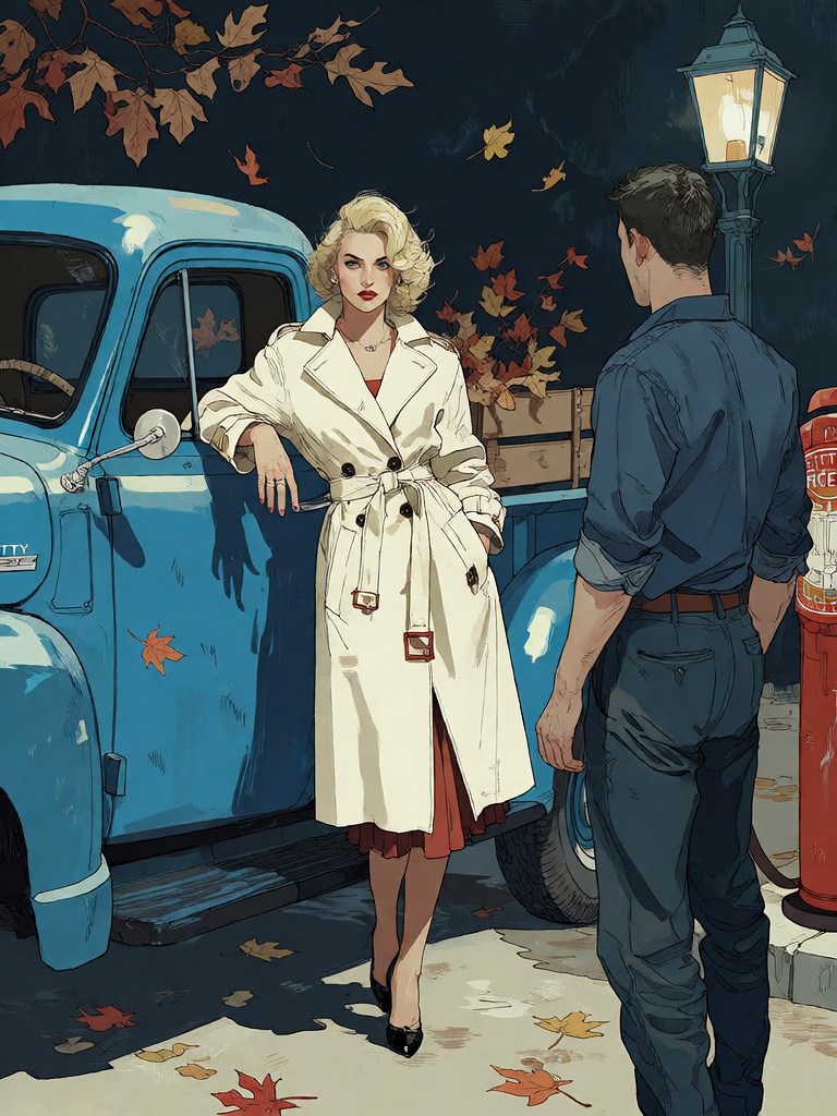 Bradhamel art style.**** A classic American painting style,  oil on canvas,  depicting a blonde woman in a white belted tr...