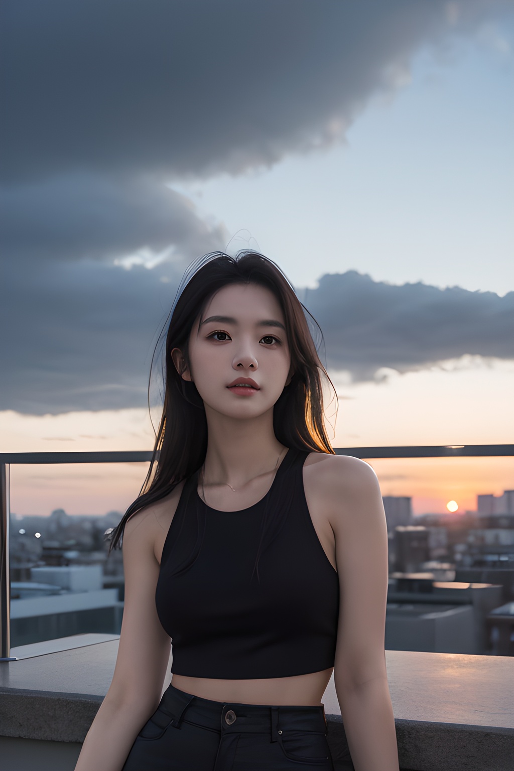 <lora:0809_01:0.7>,Frontal photography,Look front,evening,dark clouds,the setting sun,On the city rooftop,A 20 year old female,Black top,Black Leggings,black hair,long hair,dark theme,muted tones,pastel colors,high contrast,(natural skin texture, A dim light, high clarity) ((sky background))((Facial highlights)),, 1girl,realistic,masterpiece, best quality, photorealistic, HDR,detail