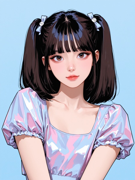 masterpiece, very awa, very aesthetic, newest,best quality, amazing quality, delicate,realistic, retro mood, flat, k-illustration, manhwa, webtoon,close up face, balletcore, tulle iridescent croptop, puff short sleeves,gorgeous girl, mixed beauty, ulzzang face, kpop idol,twintail, short hime cut,looking at viewer